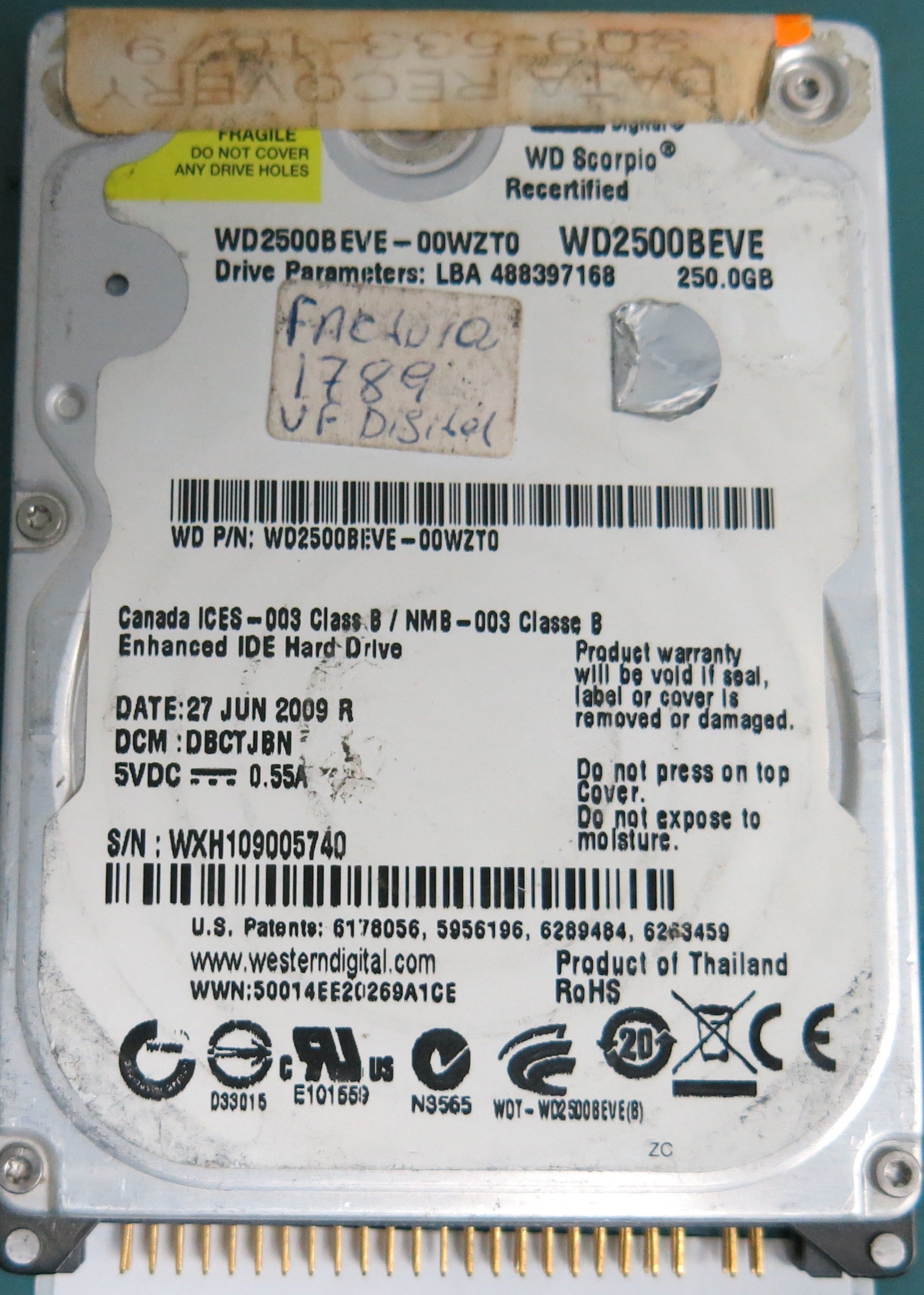 WD2500BEVE-00WZT0, DBCTJBN, WXH109005740, 250GB 2.5, PCB 2060-701532-000 REV A
