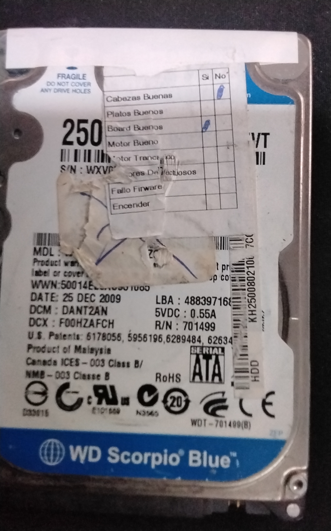 WD2500BEVT-00ZCT0,  Serial: WXV0EA9FHWH7,  250GB 2.5,  PCB:2060-701499-005- REV A,