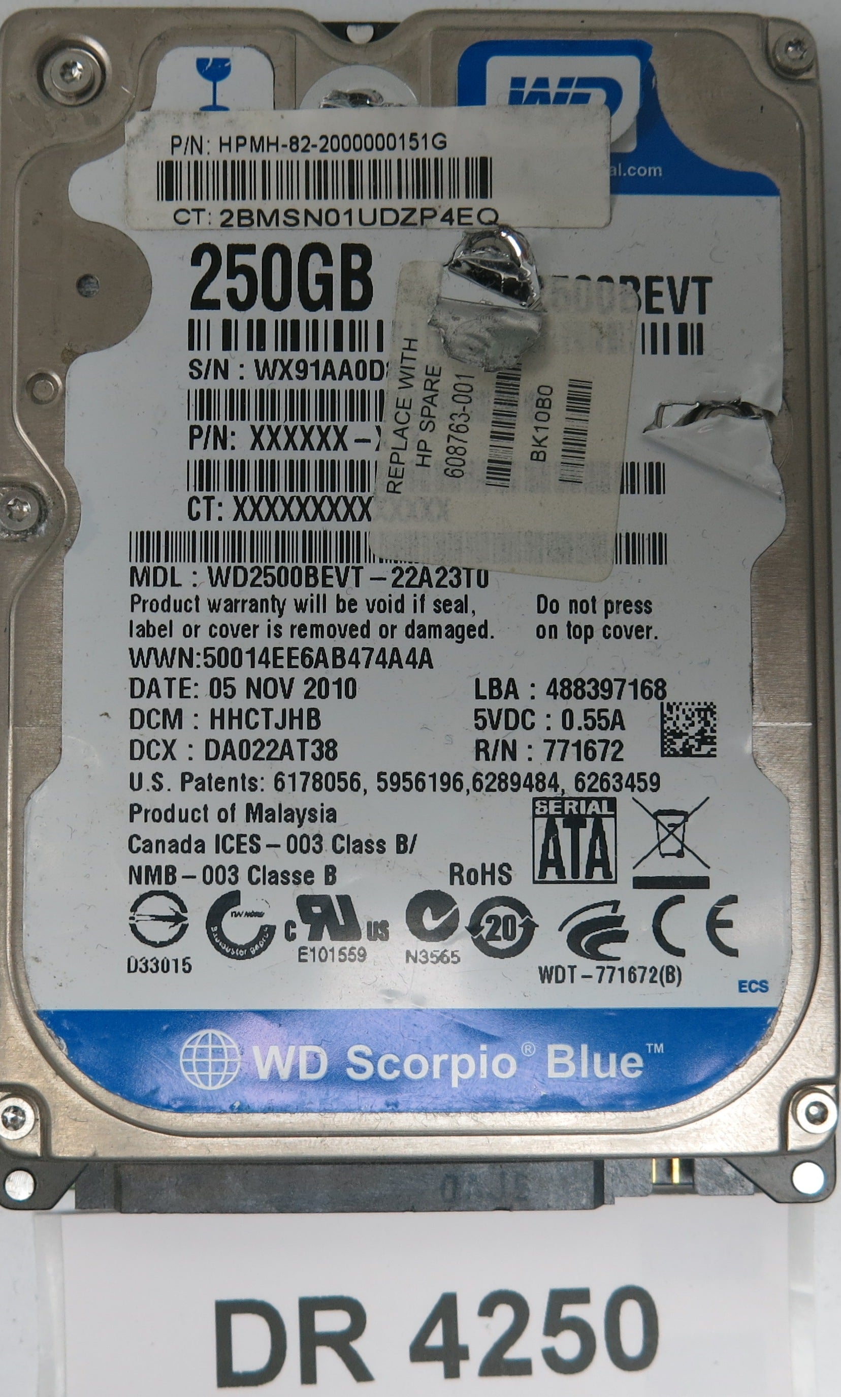 WD2500BEVT-22A23T0,  DCM: HHCTJHB,  Serial: WX91AA0D,  250GB 3.5,  PCB 2060-771672-004 REV A