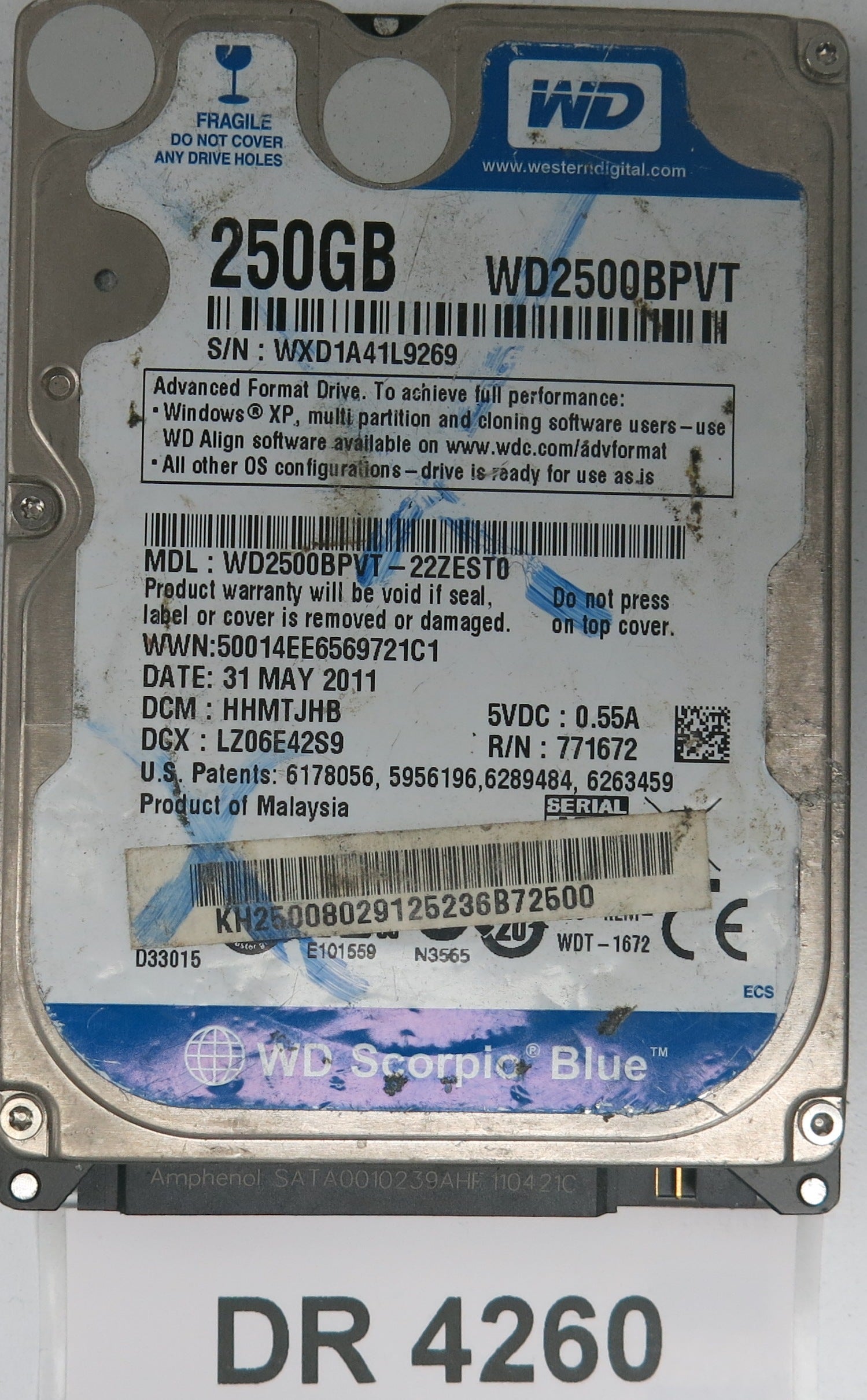 WD2500BPVT-22ZEST0,  DCM: HHMTJHB,  Serial: WXD1A41L9269,  250GB 3.5,  PCB 2060-771672-004 REV A