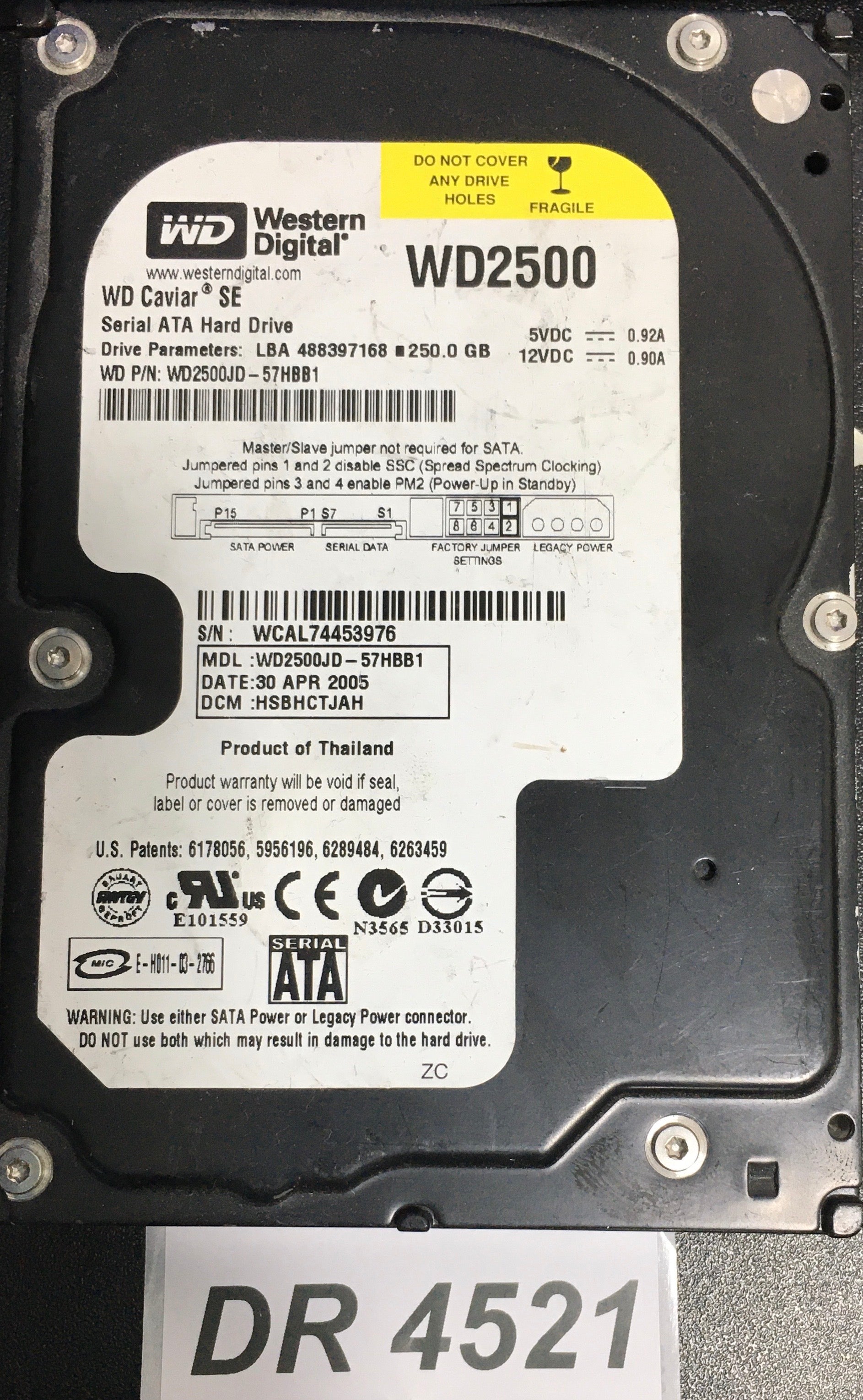 WD2500JD-57HBB1  Serial:WCAL74453976  250GB 3.5  PCB: 2060-001267-001 REV A