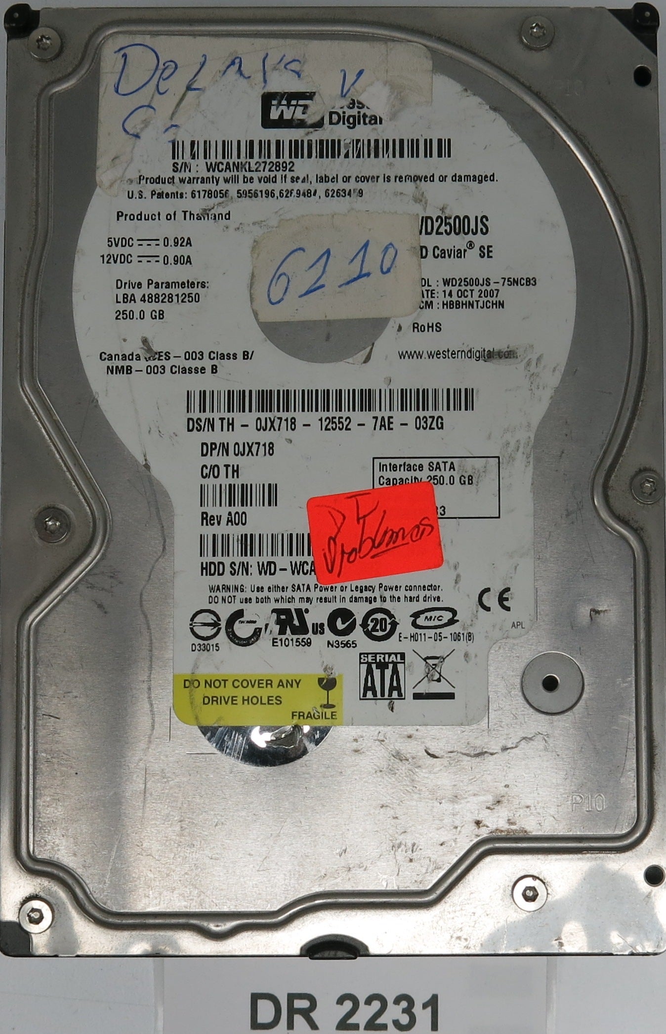 WD2500JS-75NCB3, DCM HBBHNTJCHN, WCANKL272892, 250GB 3.5, PCB 2060-701335-005 REV A