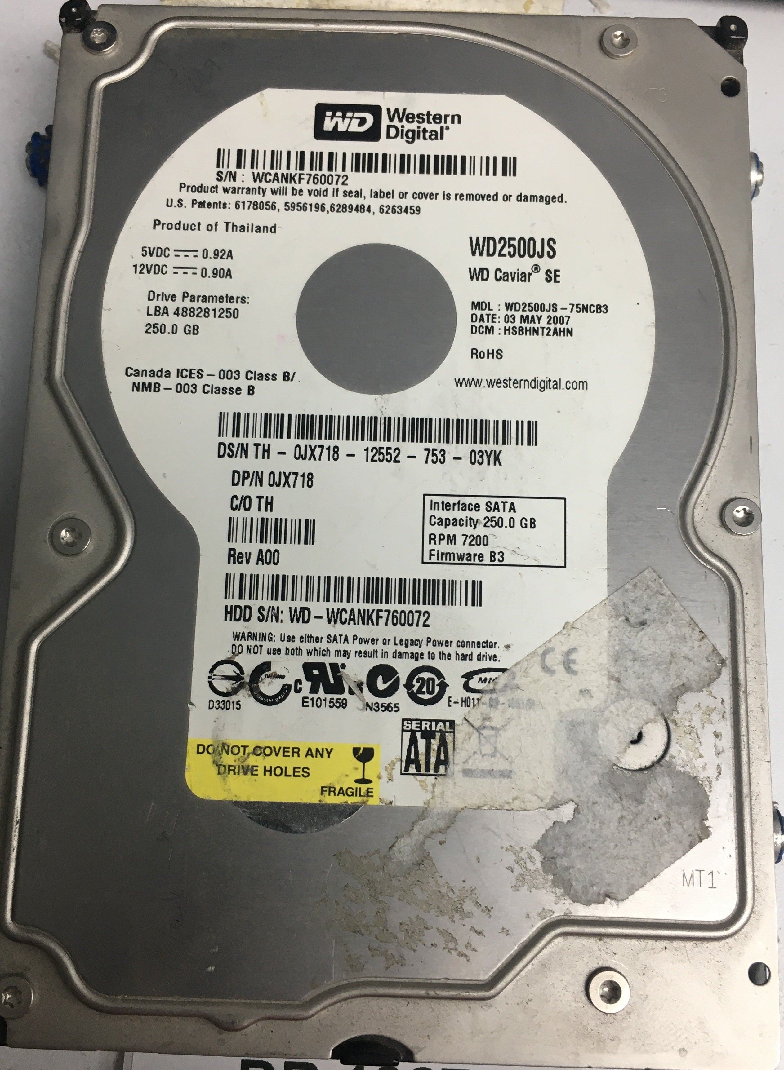 WD2500JS-75NCB3, DCM HSBHNT2AHN, 250GB 3.5, PCB 2060-701335-005 REV A