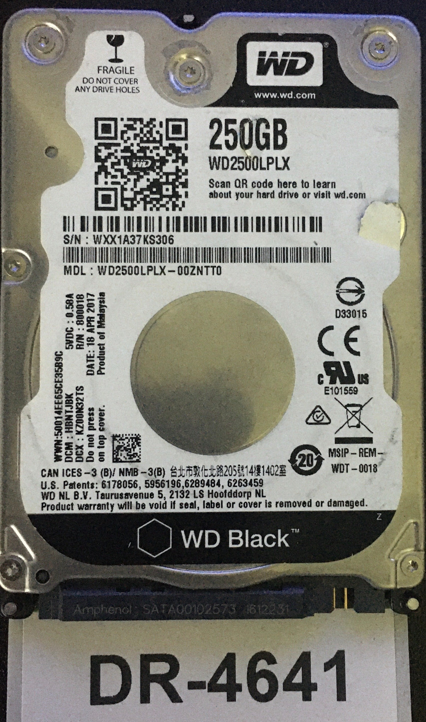 WD2500LPLX-00ZNTT0,  Serial: WXX1A37KS306,  250GB 2.5  PCB:2060-800018-001 - REV P1