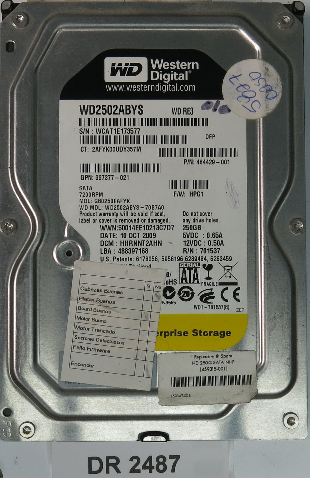 WD2502ABYS-70B7A0, DCM: HHRNNT2AHN, 250GB 3.5, PCB 2060-701537-003 REV A