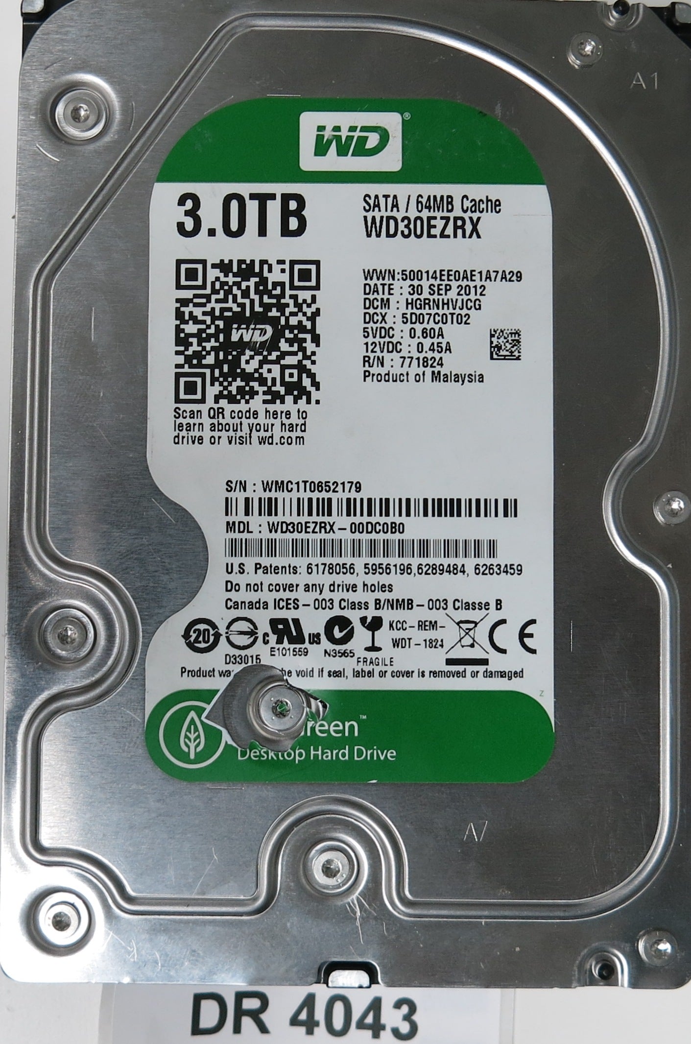 WD30EZRX-00DC0B0, DCM: HGRNHVJCG, Serial Number: WMC1T0652179, 3.0TB 3.5, PCB 2060-771824-003 REV P1