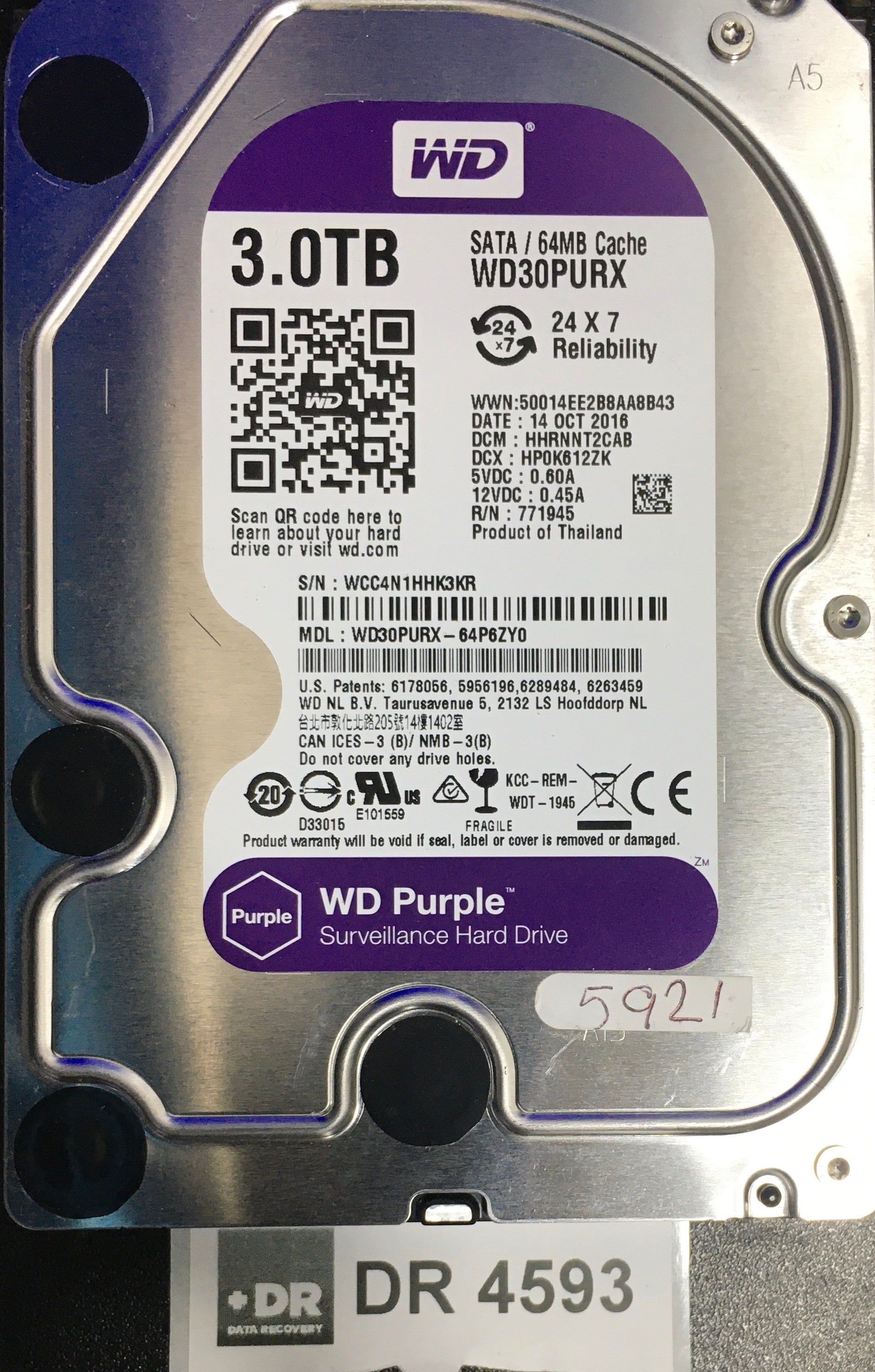 WD30PURX-64P6ZY0,  Serial: WCC4N1HHK3KR,  3000GB 3.5  PCB:2060-771945-002- REV A