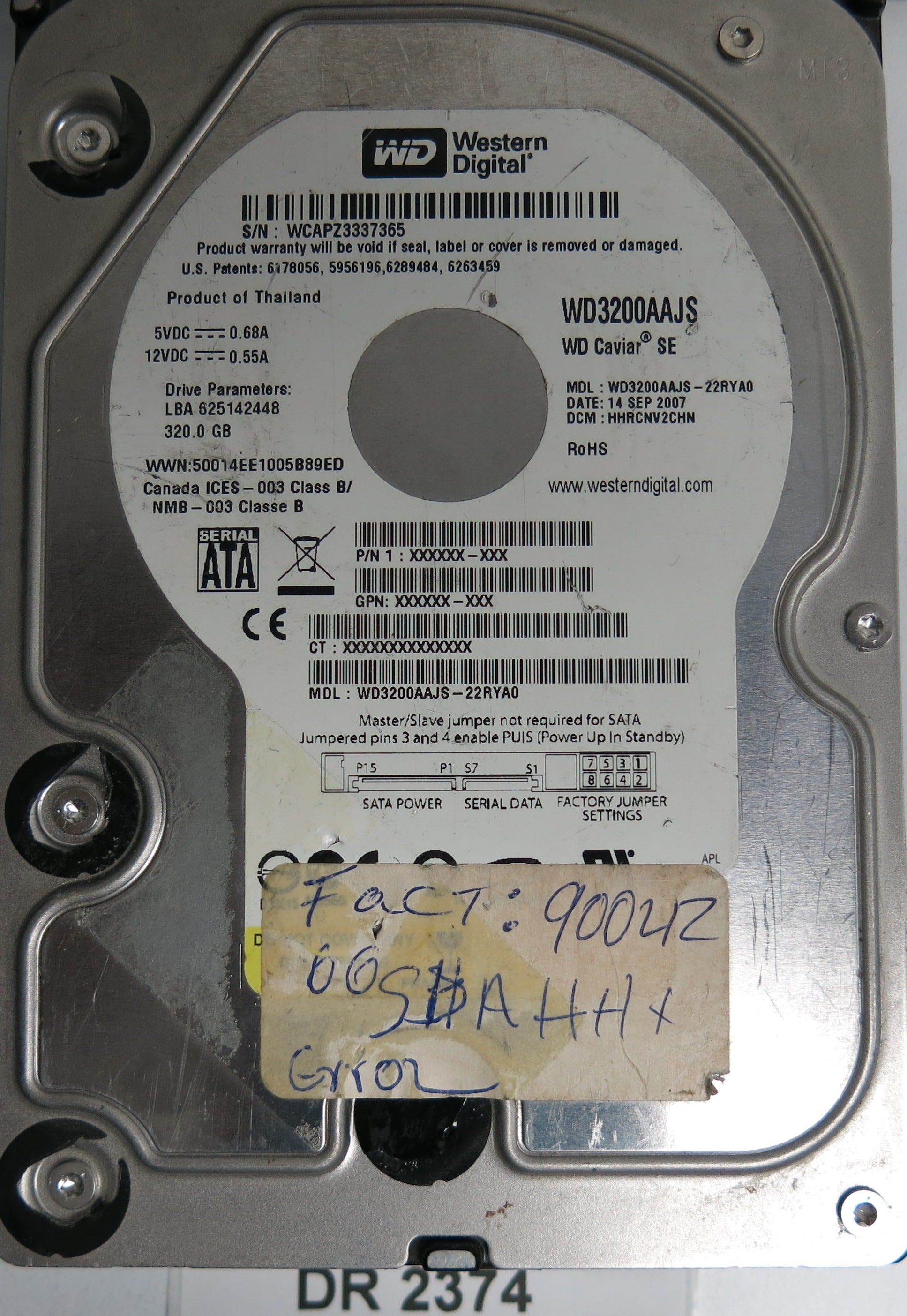 WD3200AAJS-22RYA0, DCM HHRCNV2CHN, 320GB 3.5