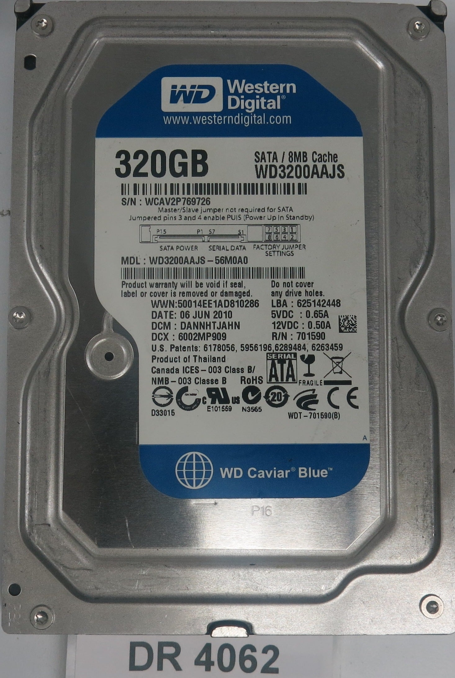 WD3200AAJS-56M0A0, DCM: DANNHTJAHN, Serial Number: WCAV2P769726, 320GB 3.5, PCB 2060-771590-001 REV A, DR4062