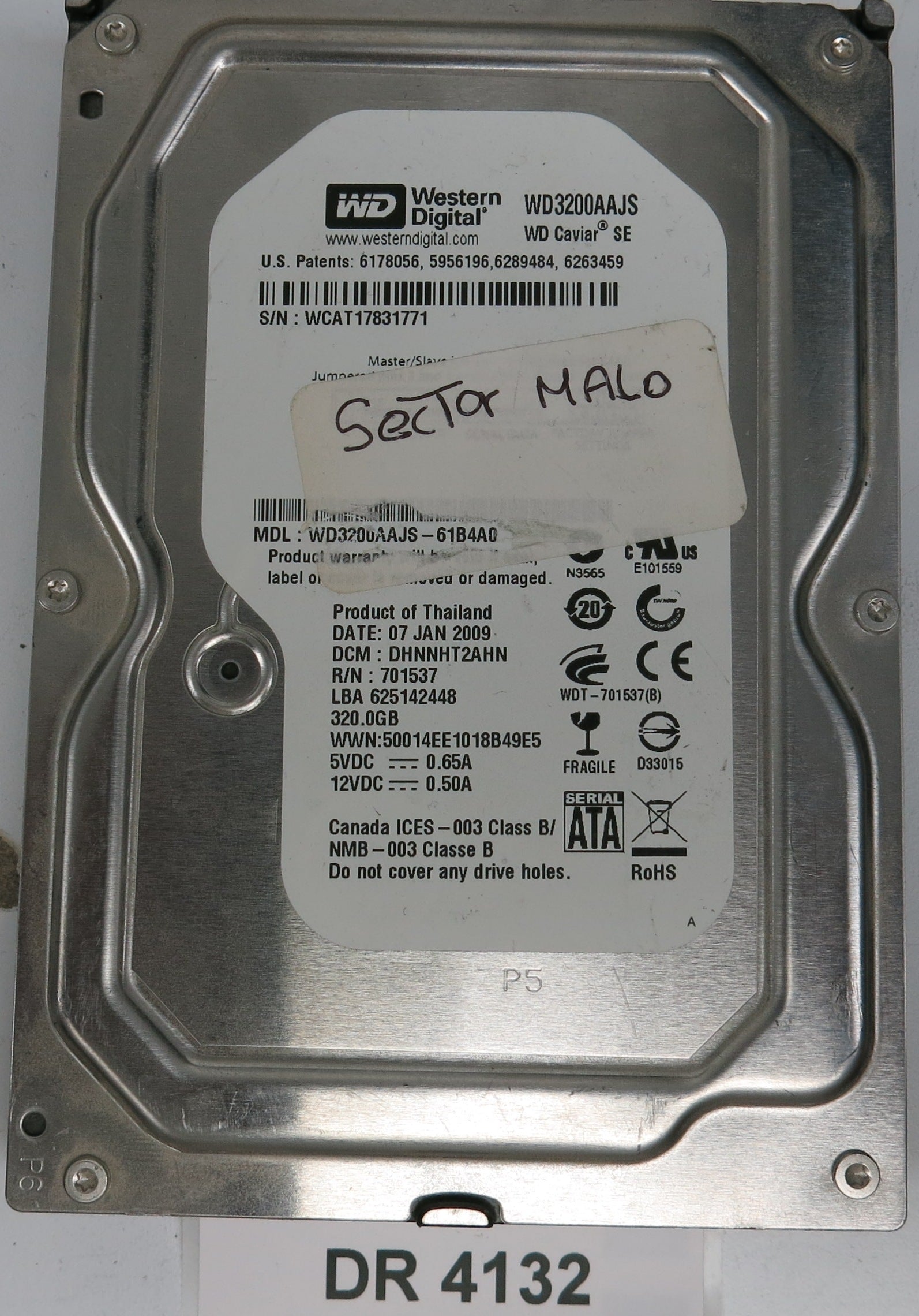 WD3200AAJS-61B4A0,  DCM: DHNNT2AHN,  Serial: WCAT17831771,  320GB 3.5,  PCB 2060-701537-003 REV A