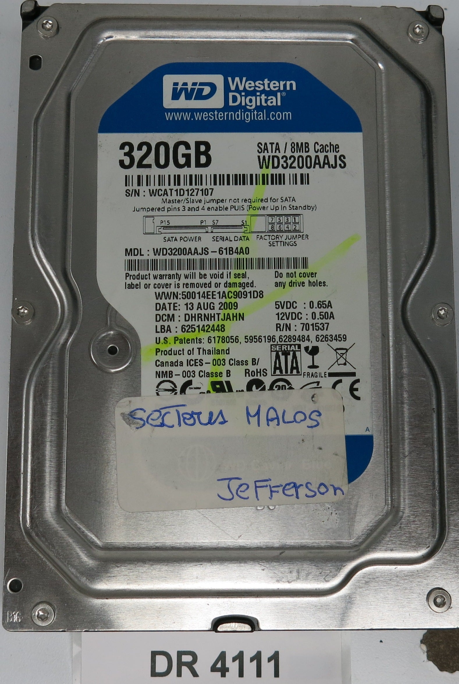 WD3200AAJS-61B4A0, DCM: DHRNHTJAHN, Serial: WCAT1D127107, 320GB 3.5, PCB 2060-701537-003 REV A