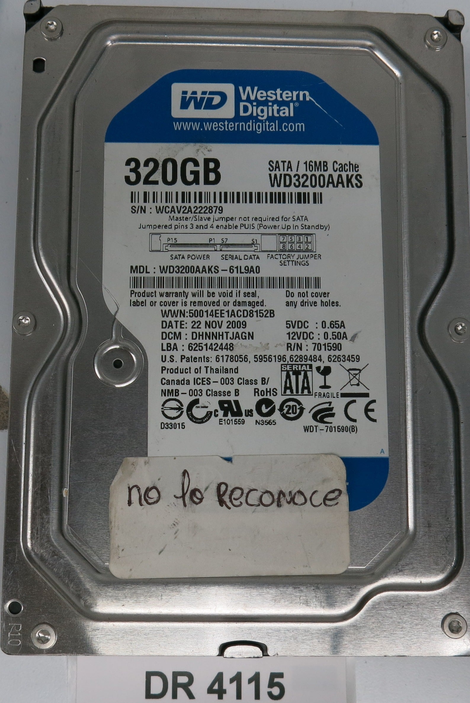 WD3200AAKS-61L9A0, DCM: DHNNHTJAGN, Serial: WCAV2A222879, 320GB 3.5, PCB 2060-701590-001 REV A