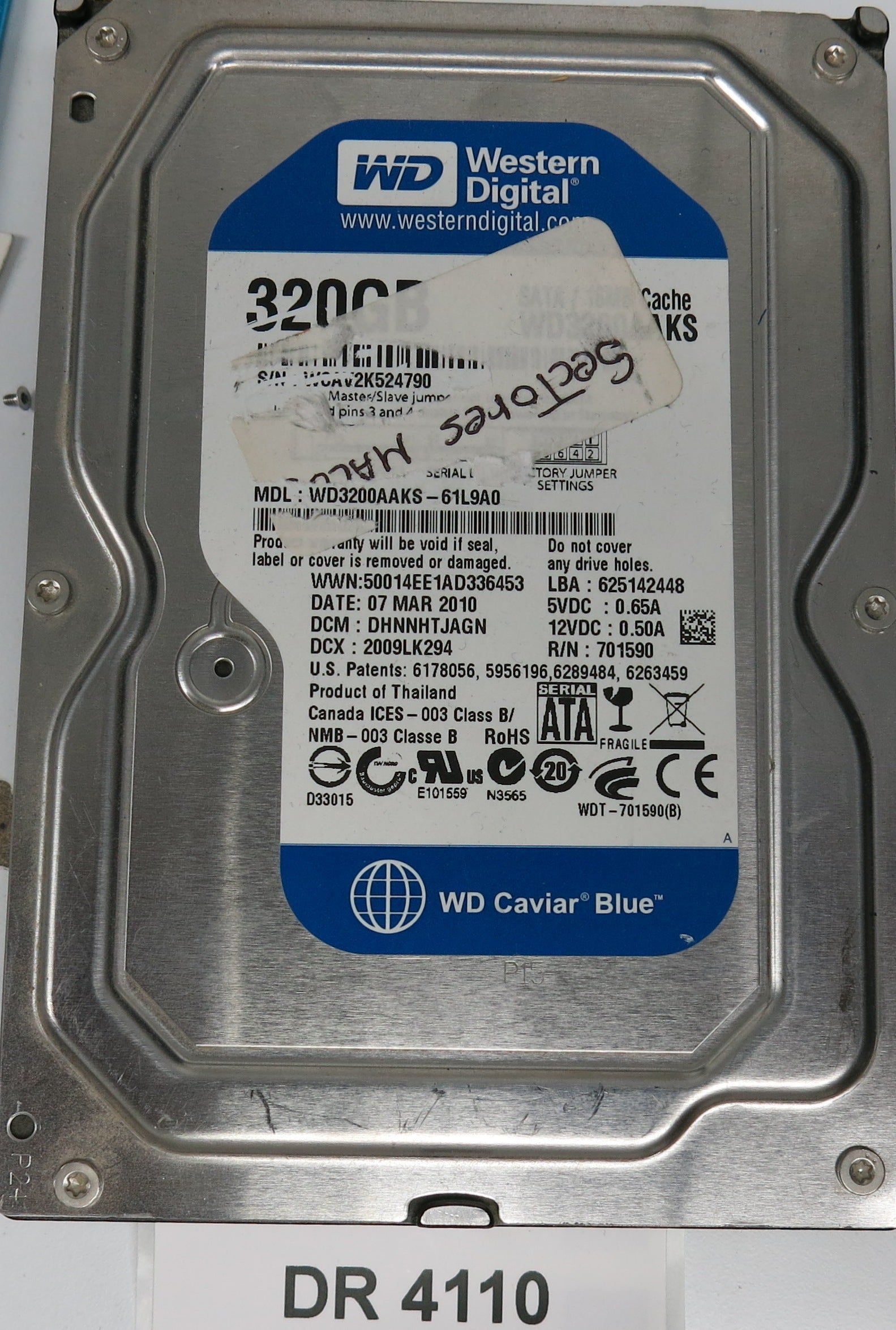 WD3200AAKS-61L9A0, DCM: DHNNHTJAGN, Serial: WCAV2K524790, 320GB 3.5, PCB 2060-701590-001 REV A