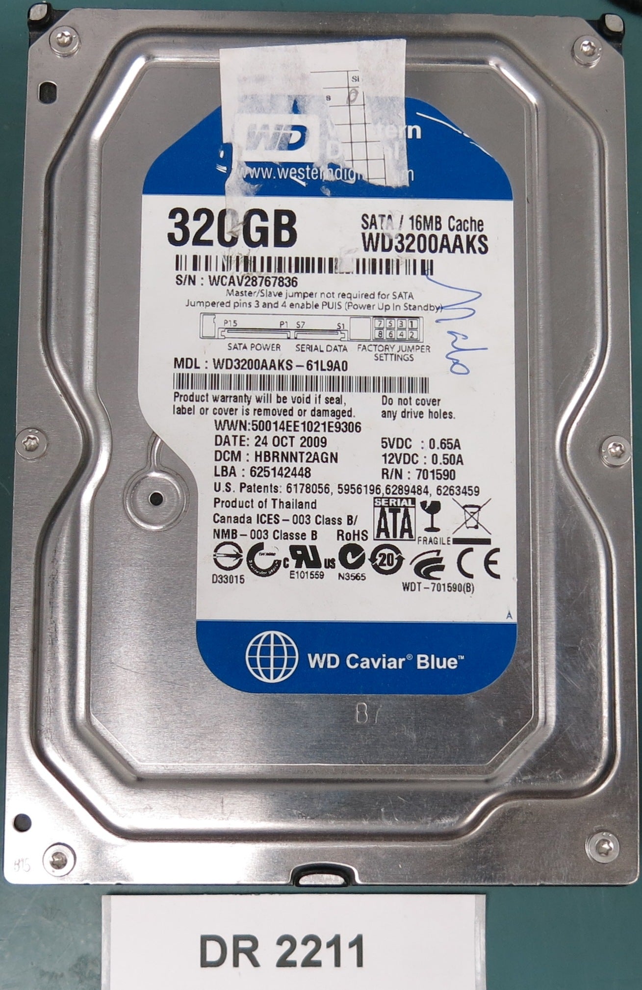 WD3200AAKS-61L9A0,  SERIAL:WCAV28767836,  320GB 3.5,  PCB 2060-701590-001 REV A