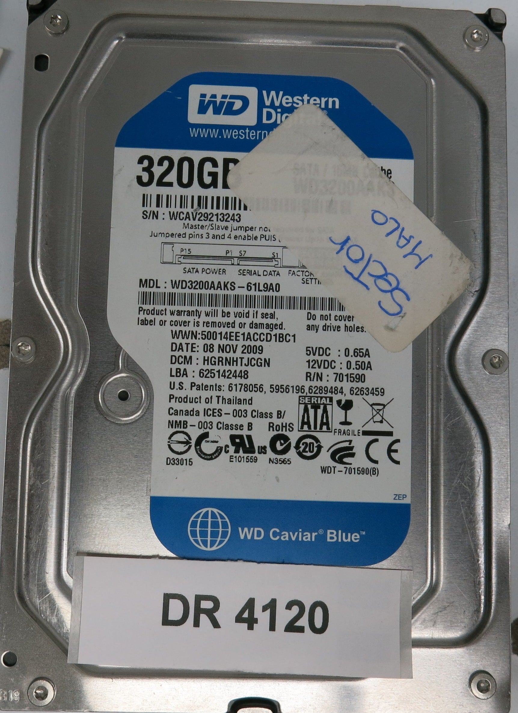 WD3200AAKS-61L9A0,  DCM: HGRNHTJCGN,  Serial: WCAV29213243,  320GB 3.5,  PCB 2060-701590-001 REV A