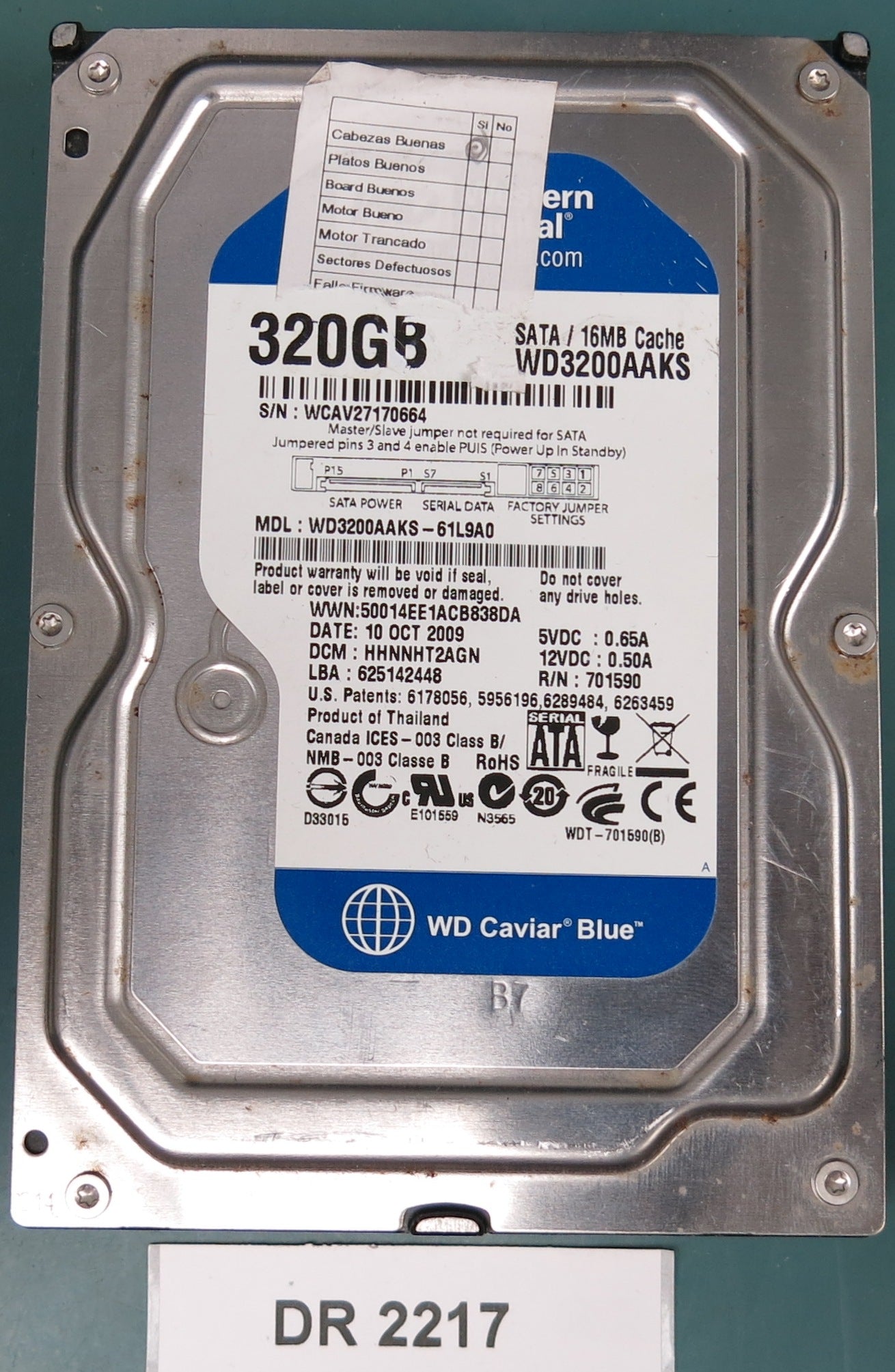 WD3200AAKS-61L9A0,  Serial Number: WCAV27170664,  350GB 3.5,  PCB 2060-701590-001 REV A