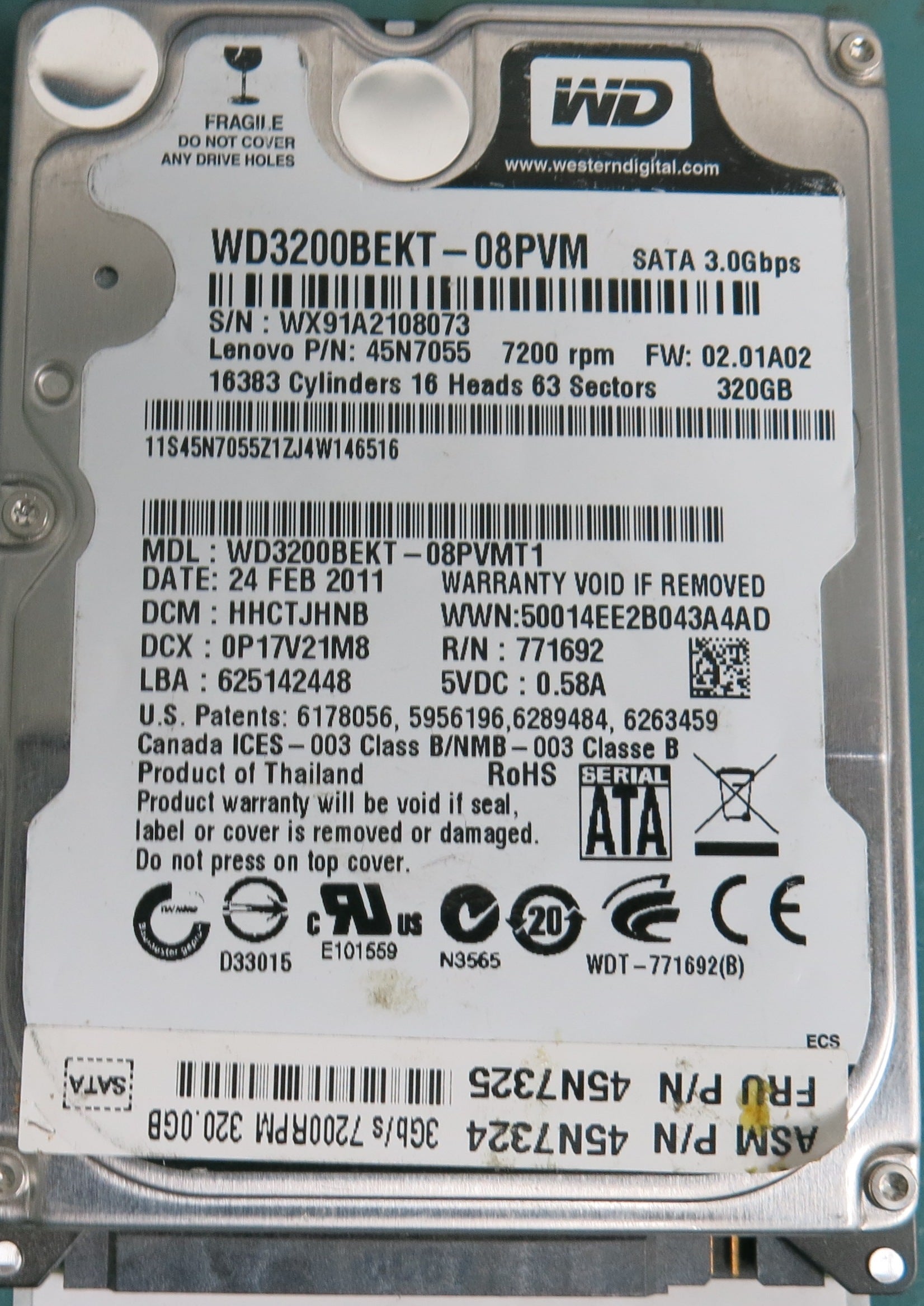 WD3200BEKT-08PVM, HHCTJHNB, WX91A2108073, 320GB 2.5, PCB 2060-771692-005 REV A