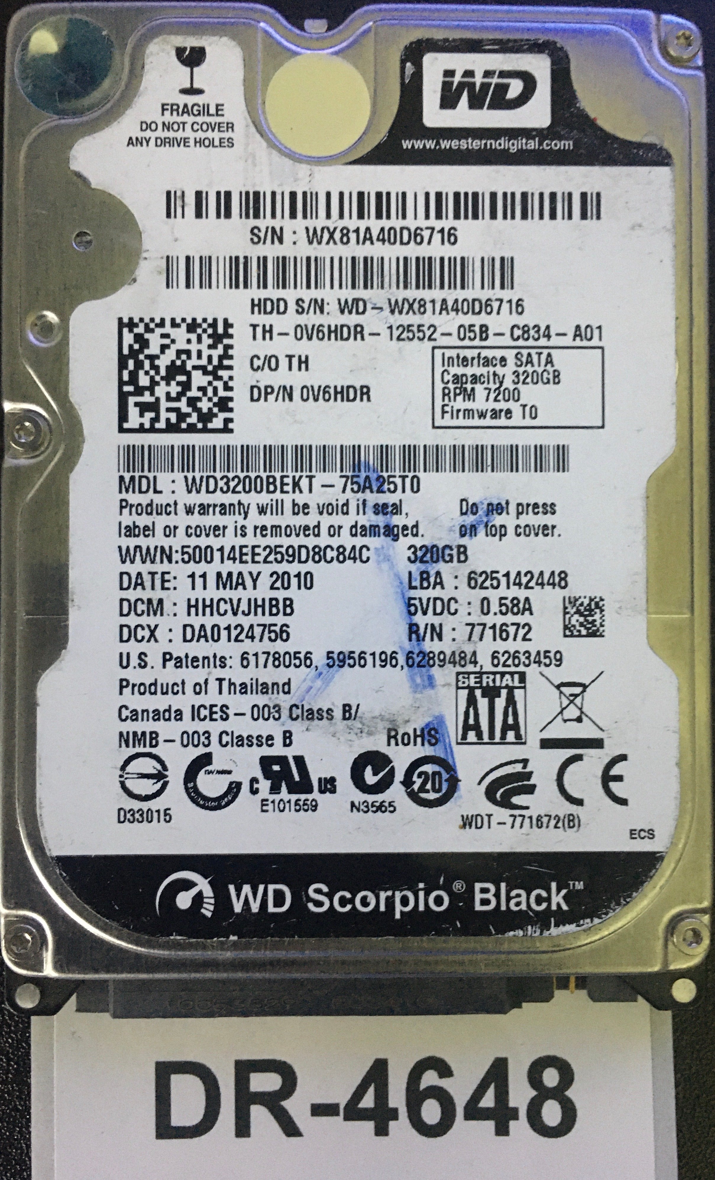 WD3200BEKT-75A25T0,  Serial: WX81A40D6716,  320GB 2.5,  PCB:2060-771672-004- REV A,