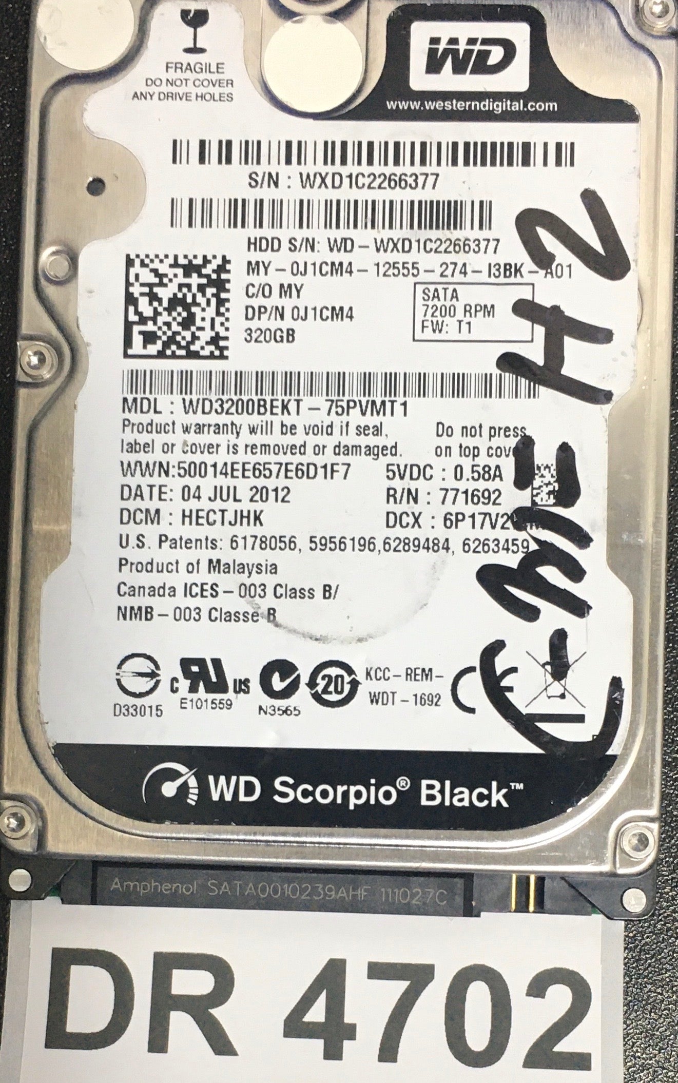 WD3200BEKT-75PVMT1,  Serial: WXD1C2266377,  320GB 2.5,  PCB: 2060-771692-006- REV A,