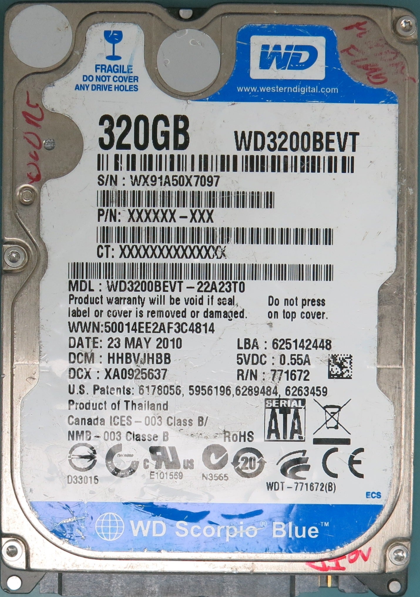 WD3200BEVT-22A23T0  DCM HHBVJBB  Serial Number: WX91A50X7097  350GB 2.5  PCB 2060-771672-004 REV A