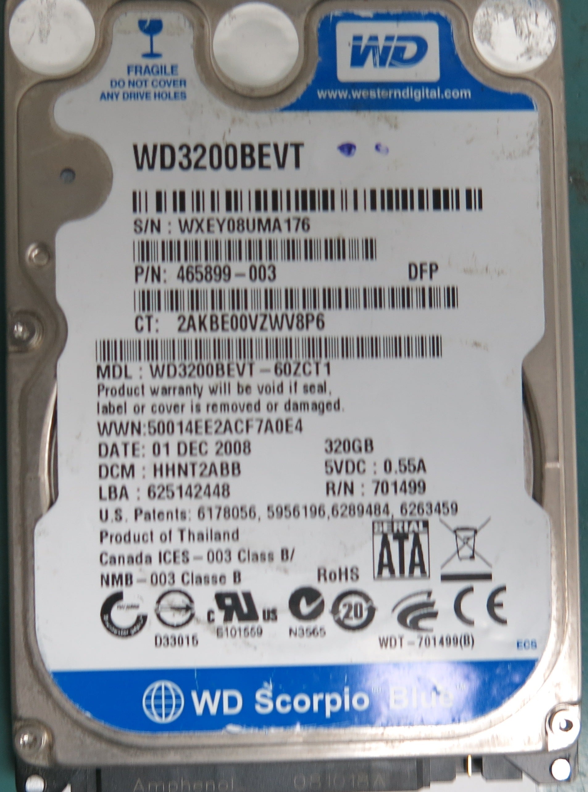 WD3200BEVT-60ZCT1, DCM HHNT2ABB, 320GB 2.5, PCB 2060-701499-000 REV A