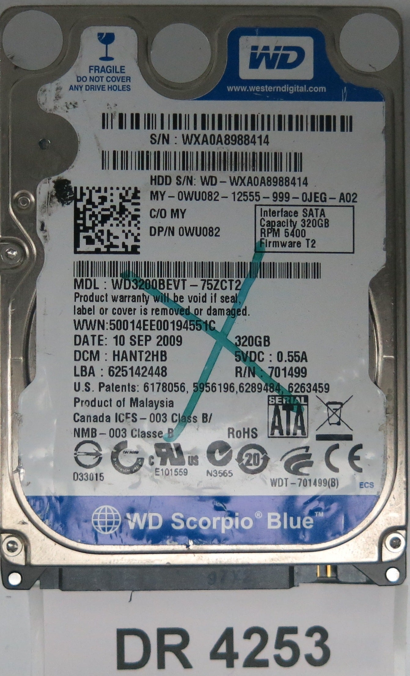 WD3200BEVT-75ZCT2,  DCM: HANT2HB,  Serial: WXA0A8988414,  320GB 3.5,  PCB 2060-701499-005 REV A