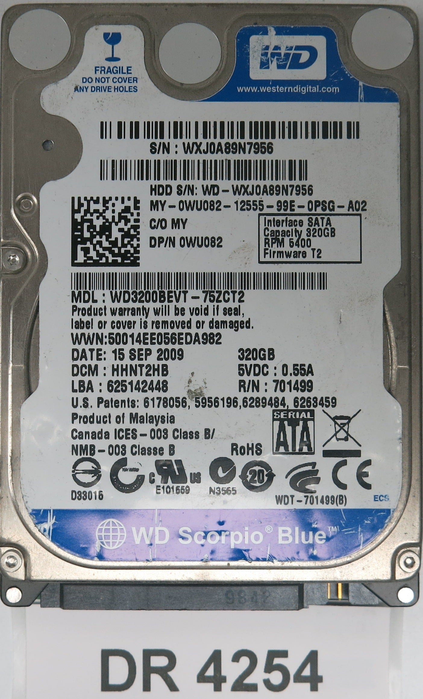 WD3200BEVT-75ZCT2,  DCM: HHNT2HB,  Serial: WXJ0A89N7956,  320GB 3.5,  PCB 2060-701499-005 REV A