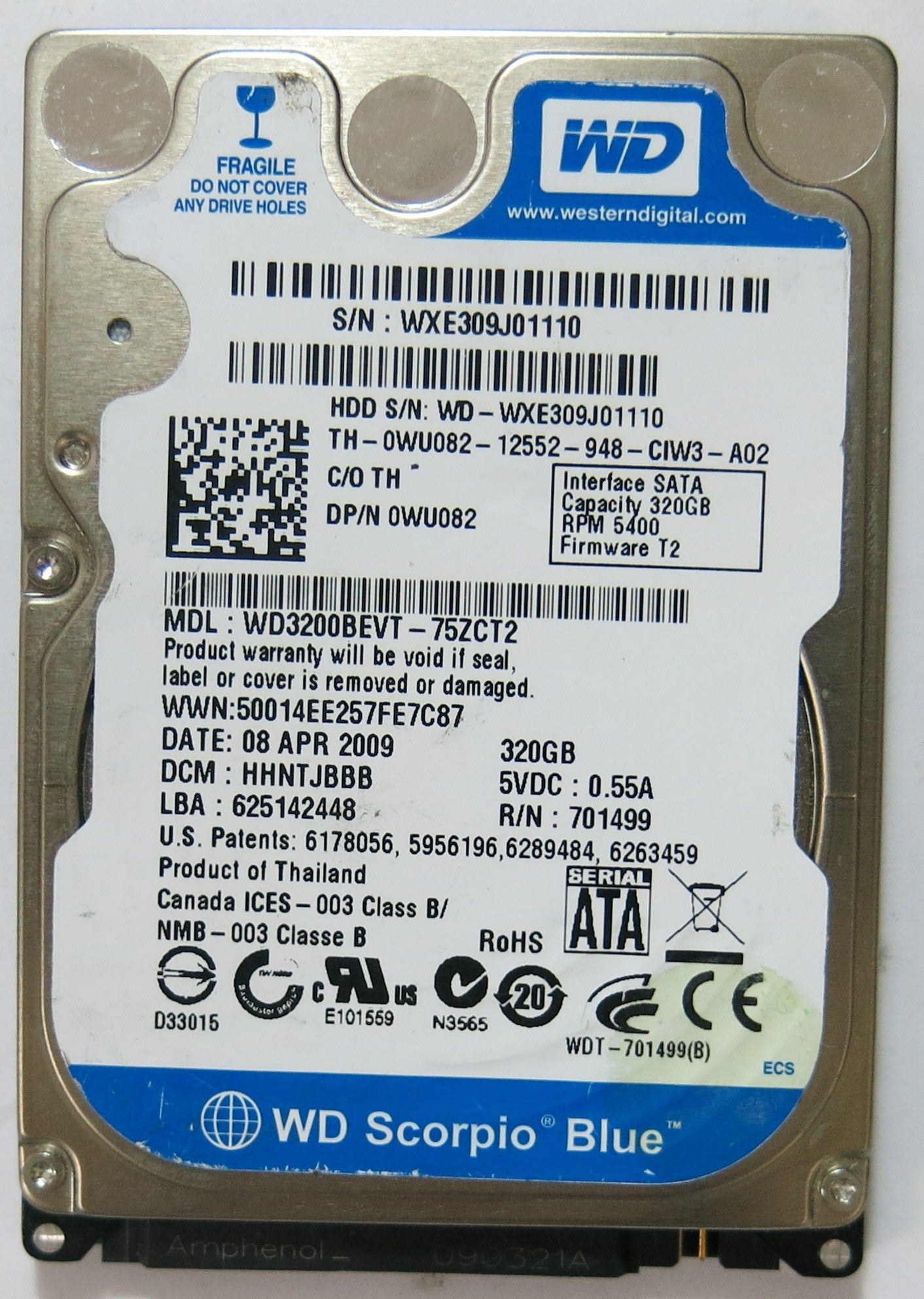 WD3200BEVT-75ZCT2 PN FW HHNTJBBB 320GB