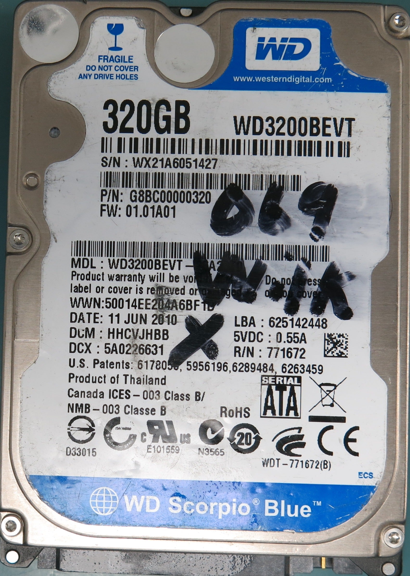 WD3200BEVT  DCM HHCVJHBB  Serial Number: WX21A6051427  350GB 2.5  PCB 2060-771672-004 REV A