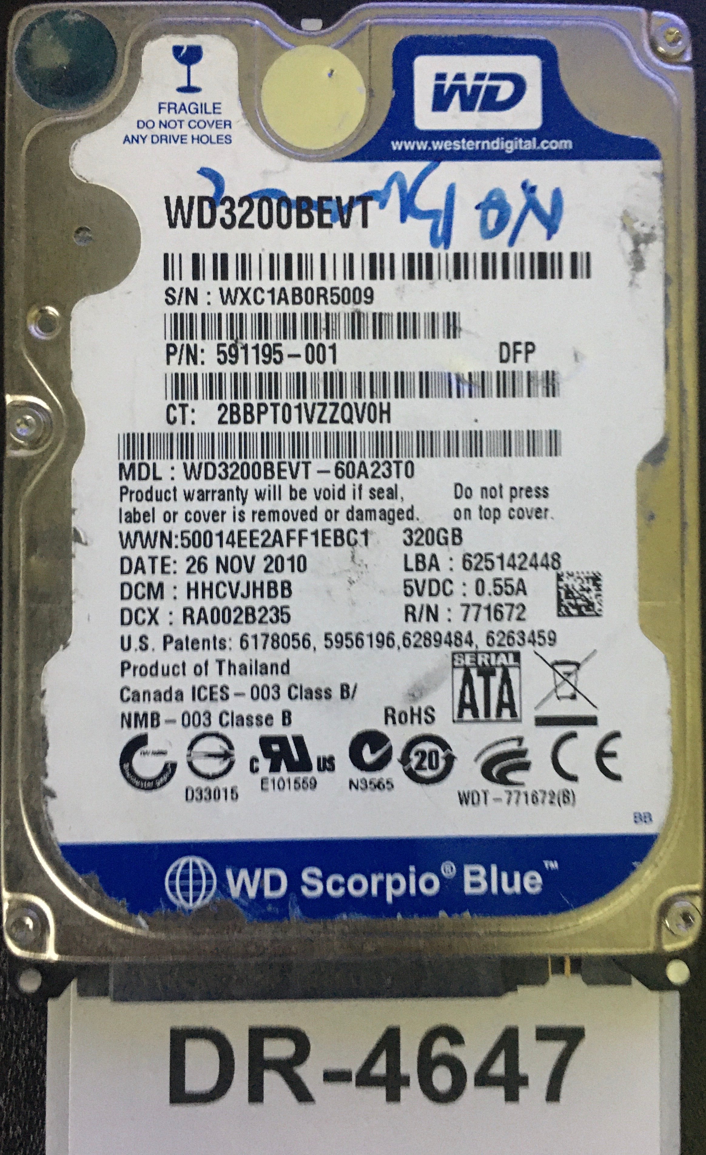WD3200BEVT,  Serial: WXC1AB0R5009,  320GB 2.5,  PCB:2060-771672-004- REV A,