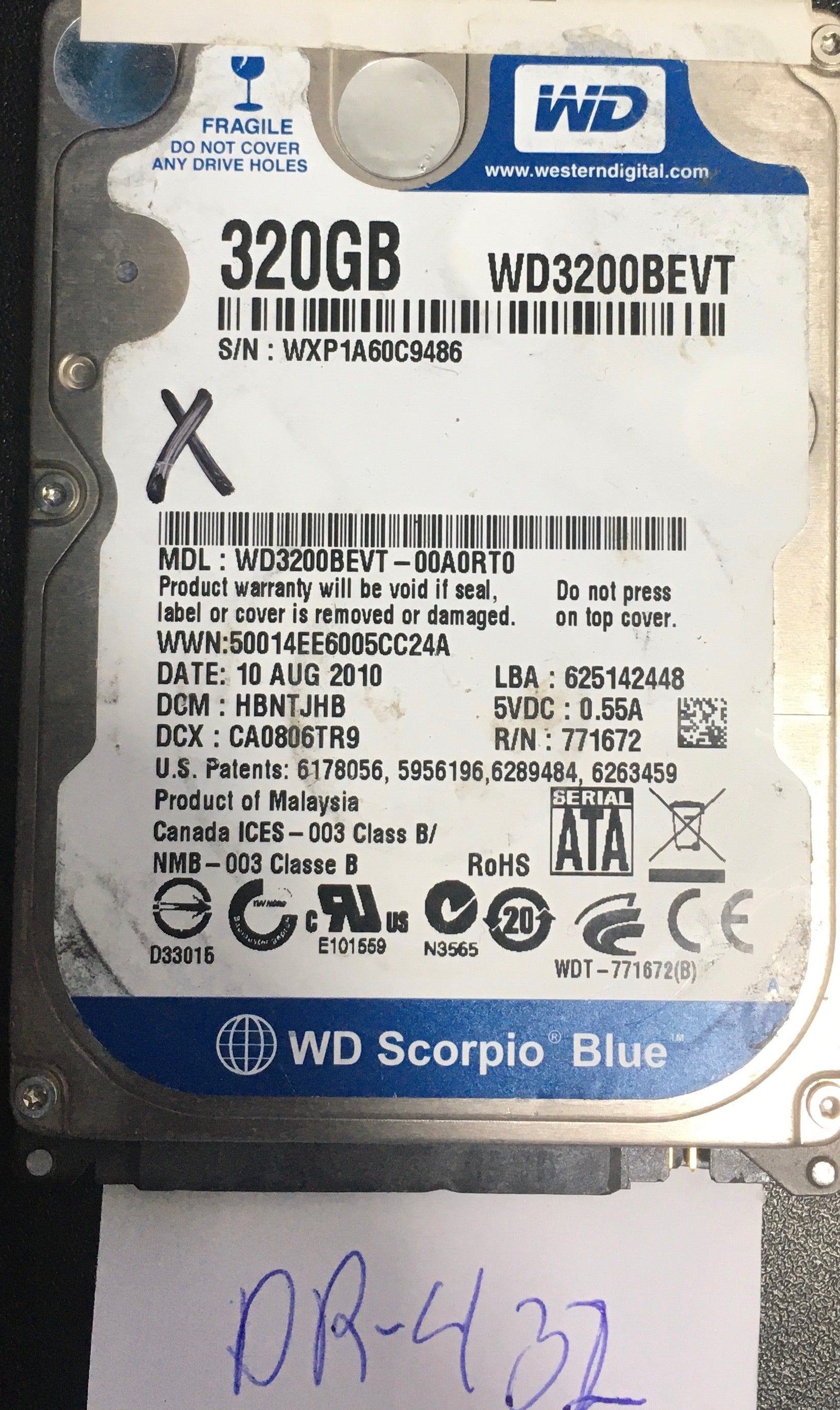 WD3200BEVT'00A0RT0,  Serial: WXP1A60C9486,  320GB 2.5  PCB:2060-771672-004- REV A