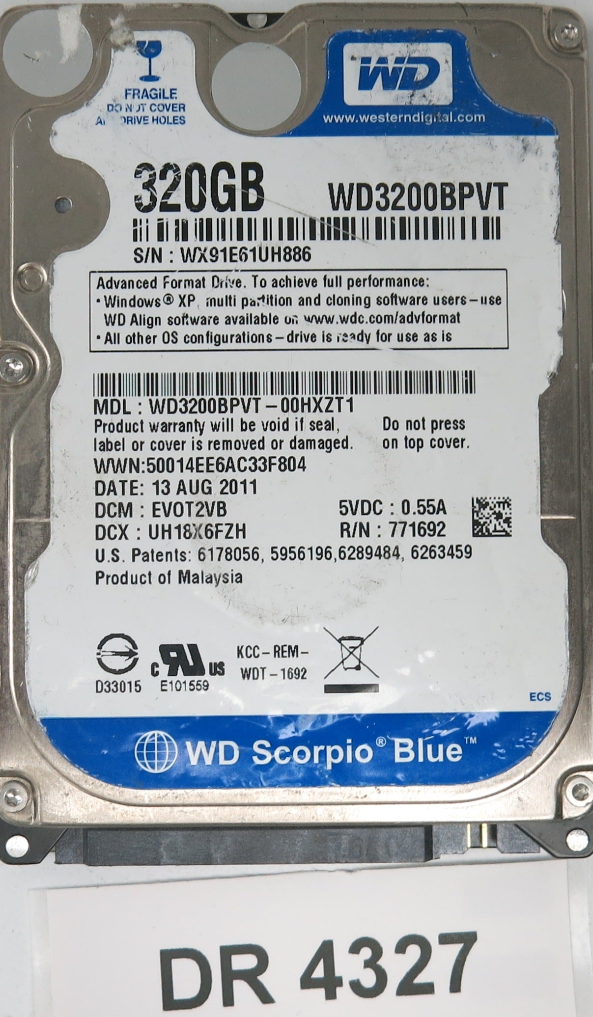 WD3200BPVT-00HXZT1,  DCM: EV0T2VB,  Serial: WX91E61UH886,  320GB 3.5,  PCB 2060-771692-005 REV A