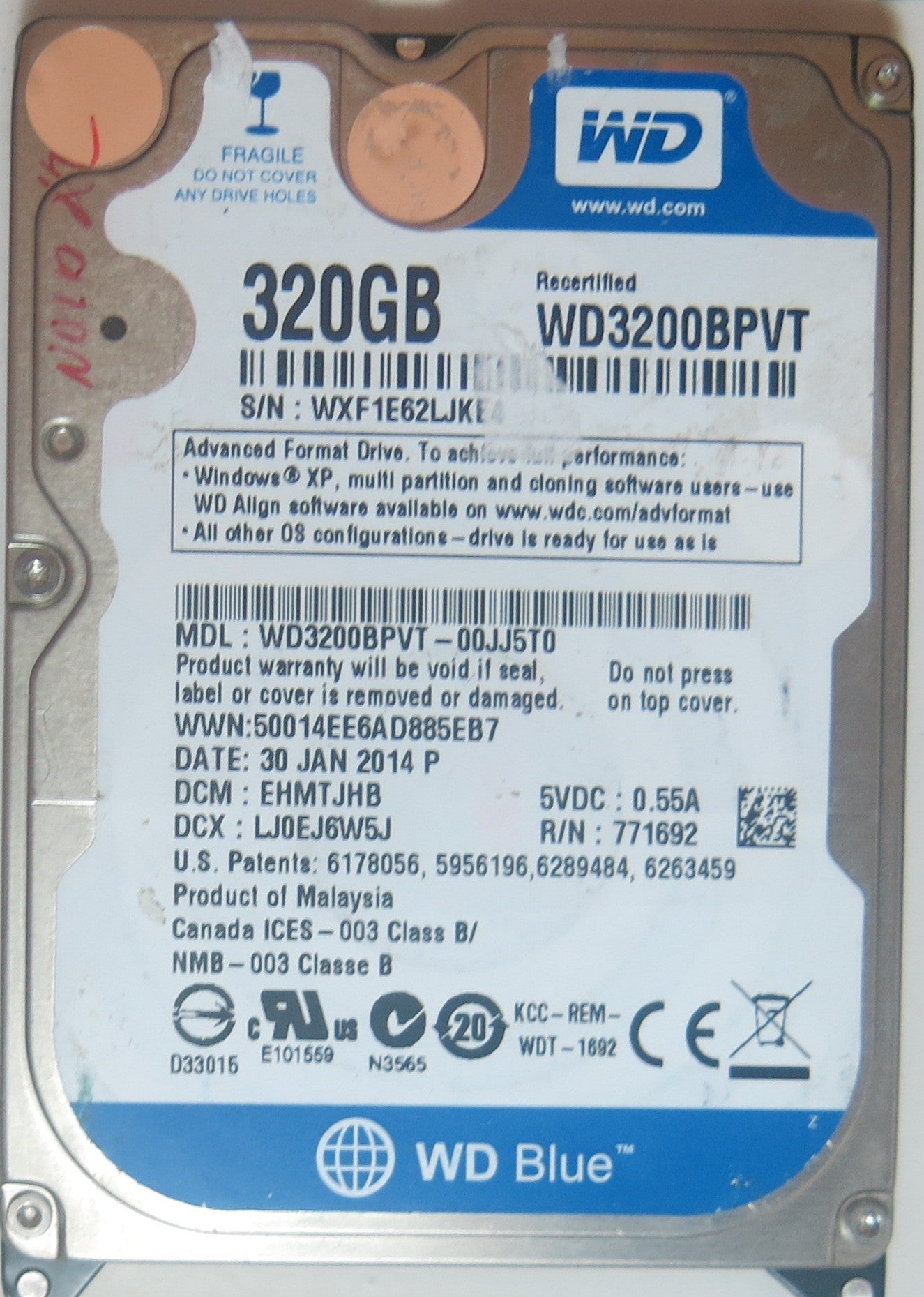 WD3200BPVT-00JJ5T0 DCM EHMTJHB, 2060-771820-000 REV A PCB