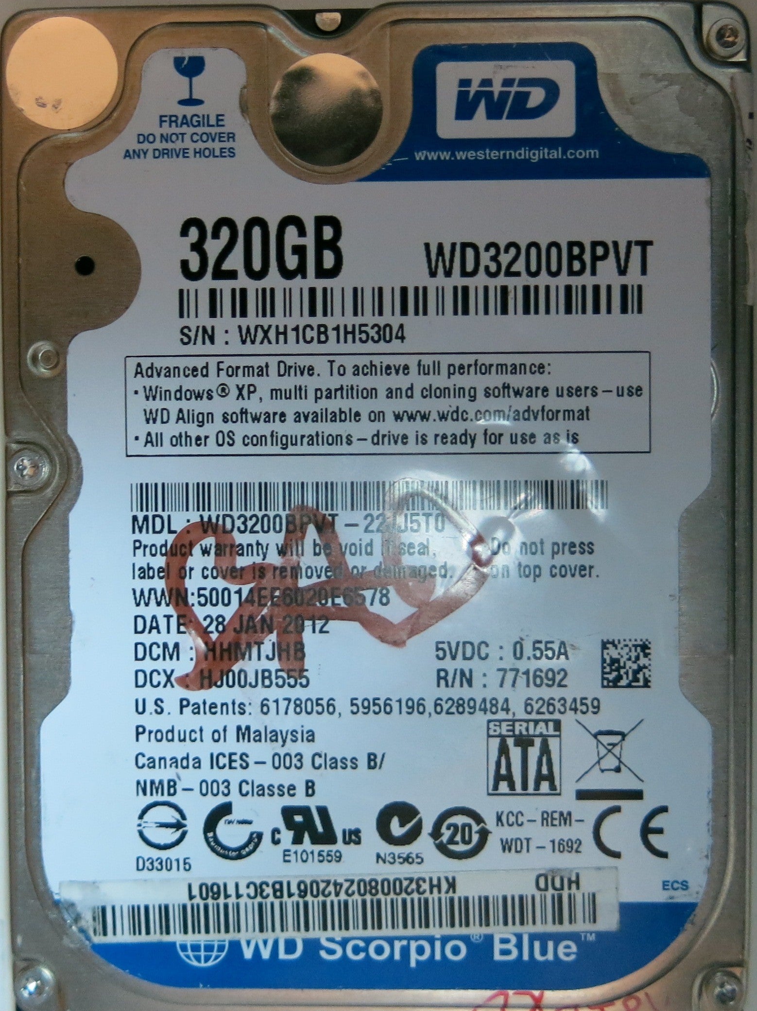 WD3200BPVT-22JJ5T0, DCM HHMTJHBB, 2060-771820-000 REV A PCB