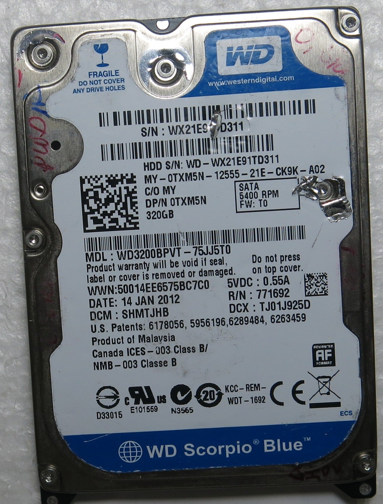 WD3200BPVT-75JJ5T0 DCM SHMTJHB 2060-771820 000 REV A PCB