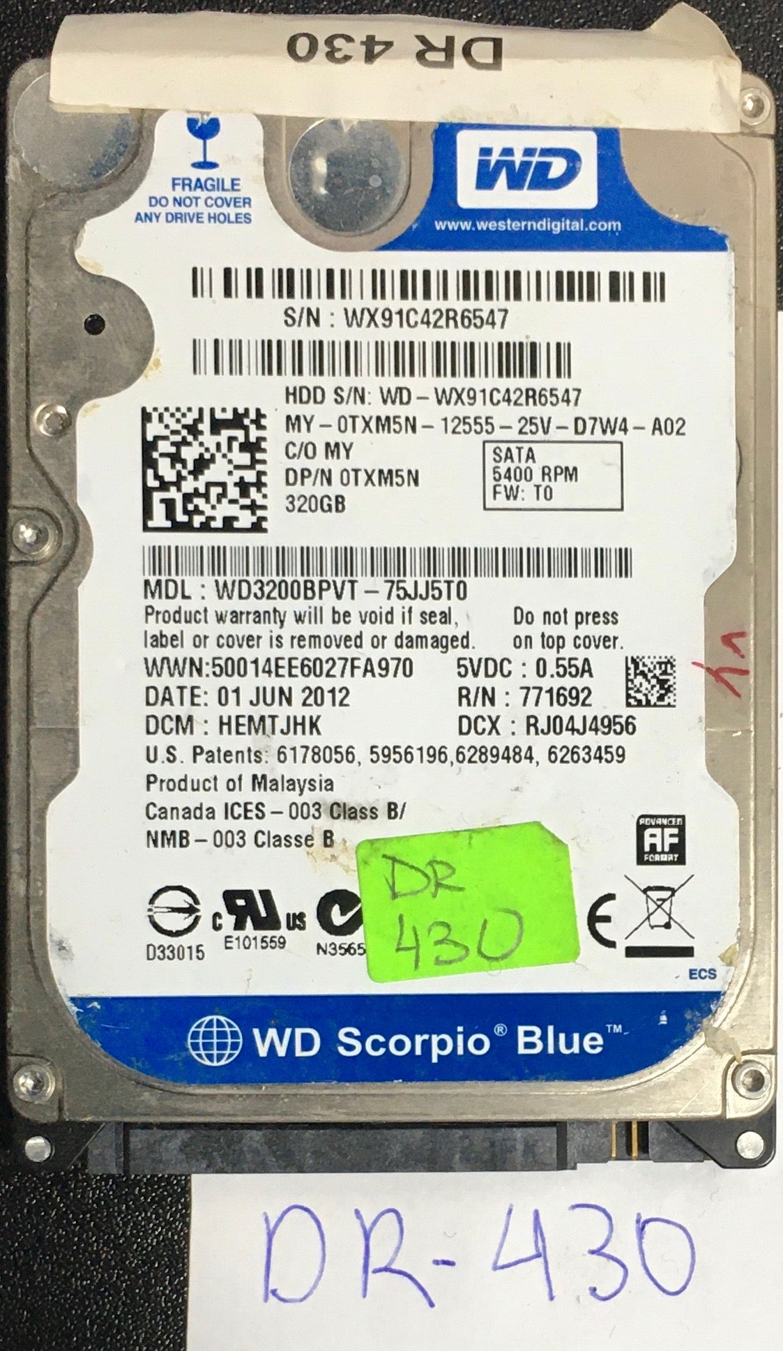 WD3200BPVT-75JJ5T0,  Serial: WX91C4R6547,  320GB 2.5  PCB:2060-771820-000- REV A