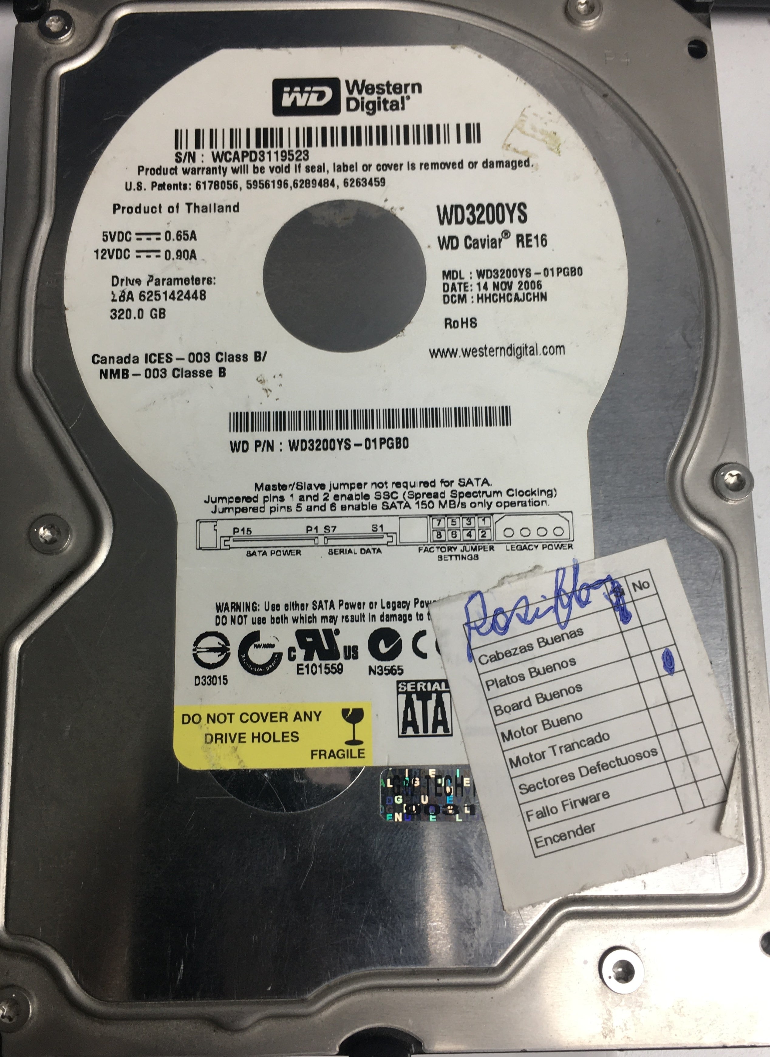 WD3200YS-01PGB0  DCM HHCHCAJCHN  Serial Number: WCAPD3119523  320GB 3.5  PCB 2060-701393-002 REV B