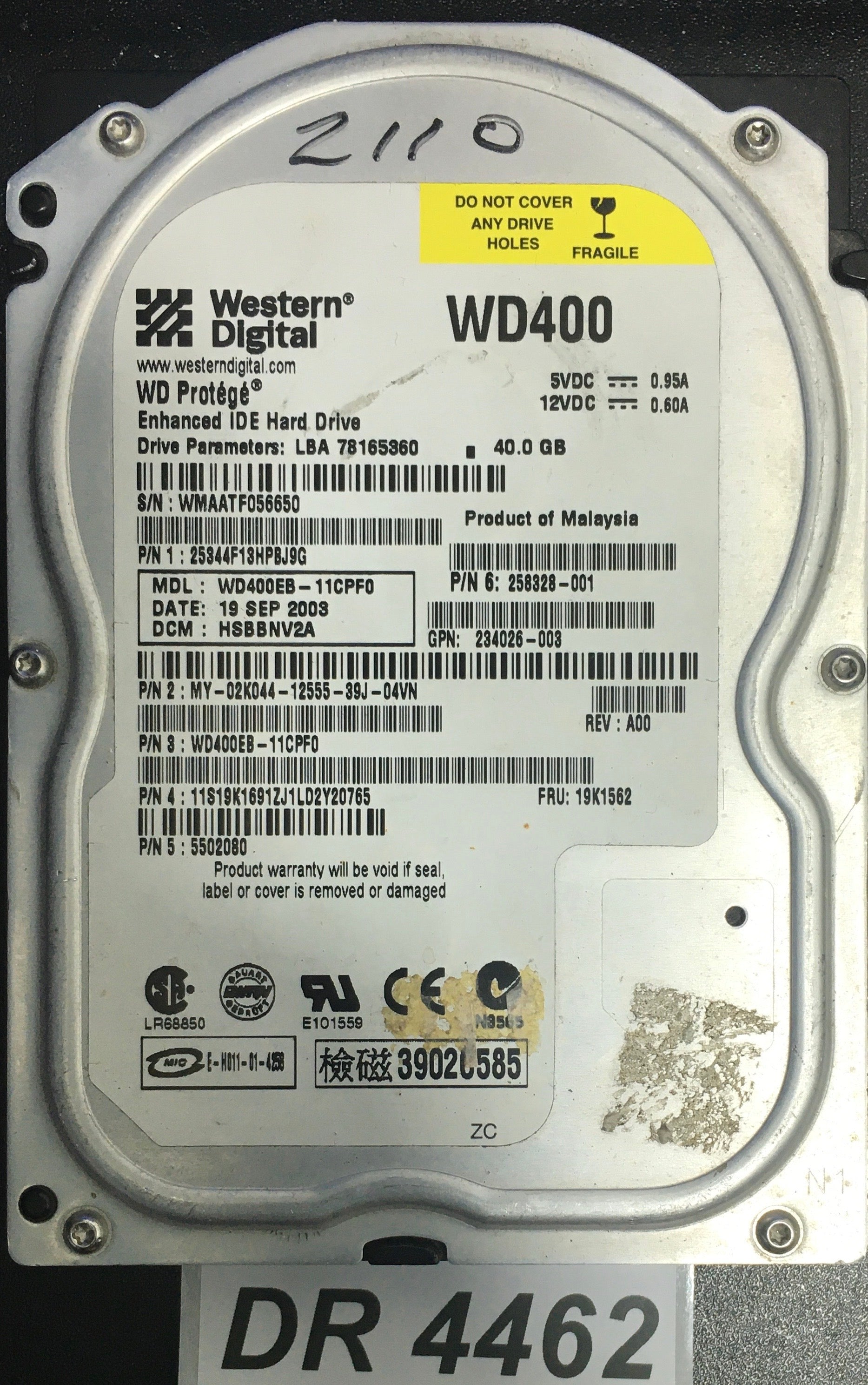 WD4000EB-11CPF0 P/N:  25344F13HPBJ9G   Serial:WMAATF056650   40GB 3.5  PCB: 2060-001113-001 REV A