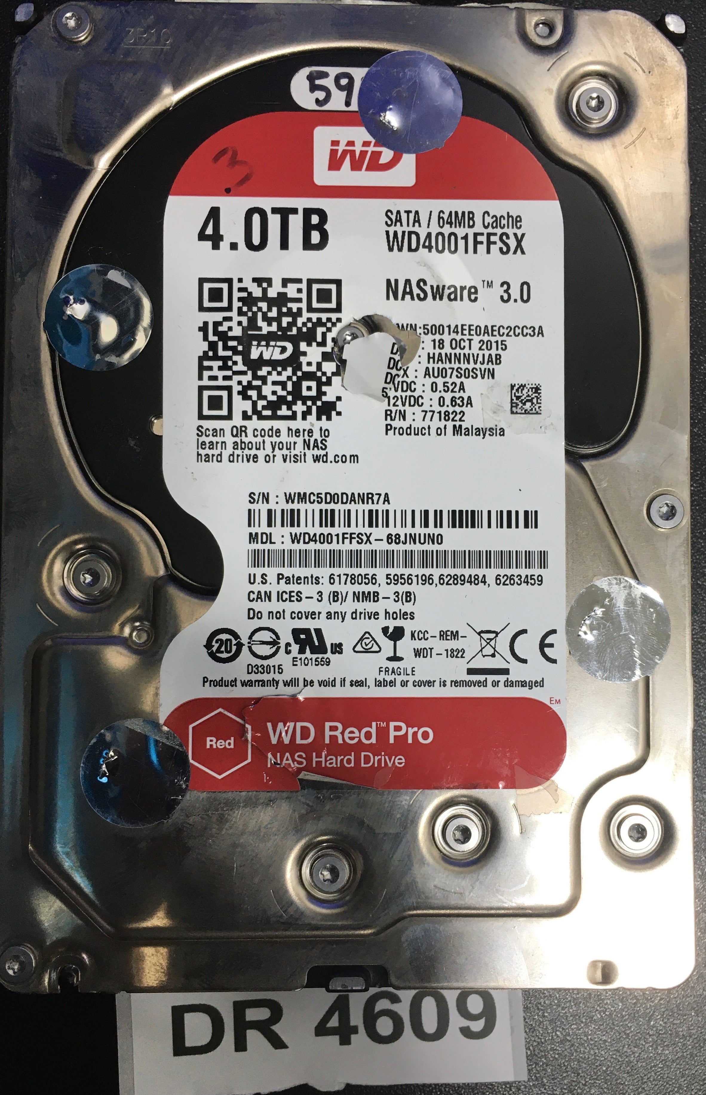 WD4001FFSX-68JNUN0,  Serial: WMC5D0DANR7A,  4000GB 3.5,  PCB:2060-771822-006- REV A
