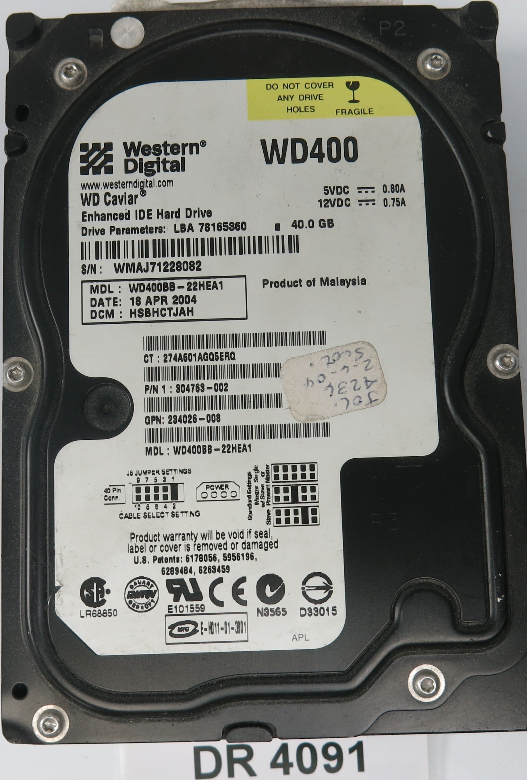WD400BB-22HEA1,  DCM: HSBHCTJAH,  Serial: WMAJ71228082,  40GB 3.5,  PCB 2060-001130-012 REV A