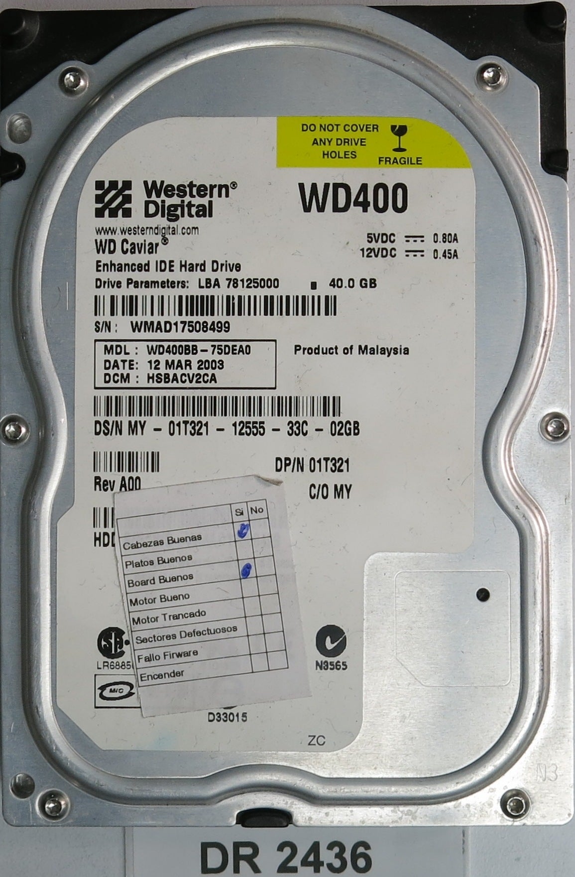 WD400BB-75DEA0, DCM HSBACV2CA, 40GB 3.5, PCB 2060-001129-001 REV A