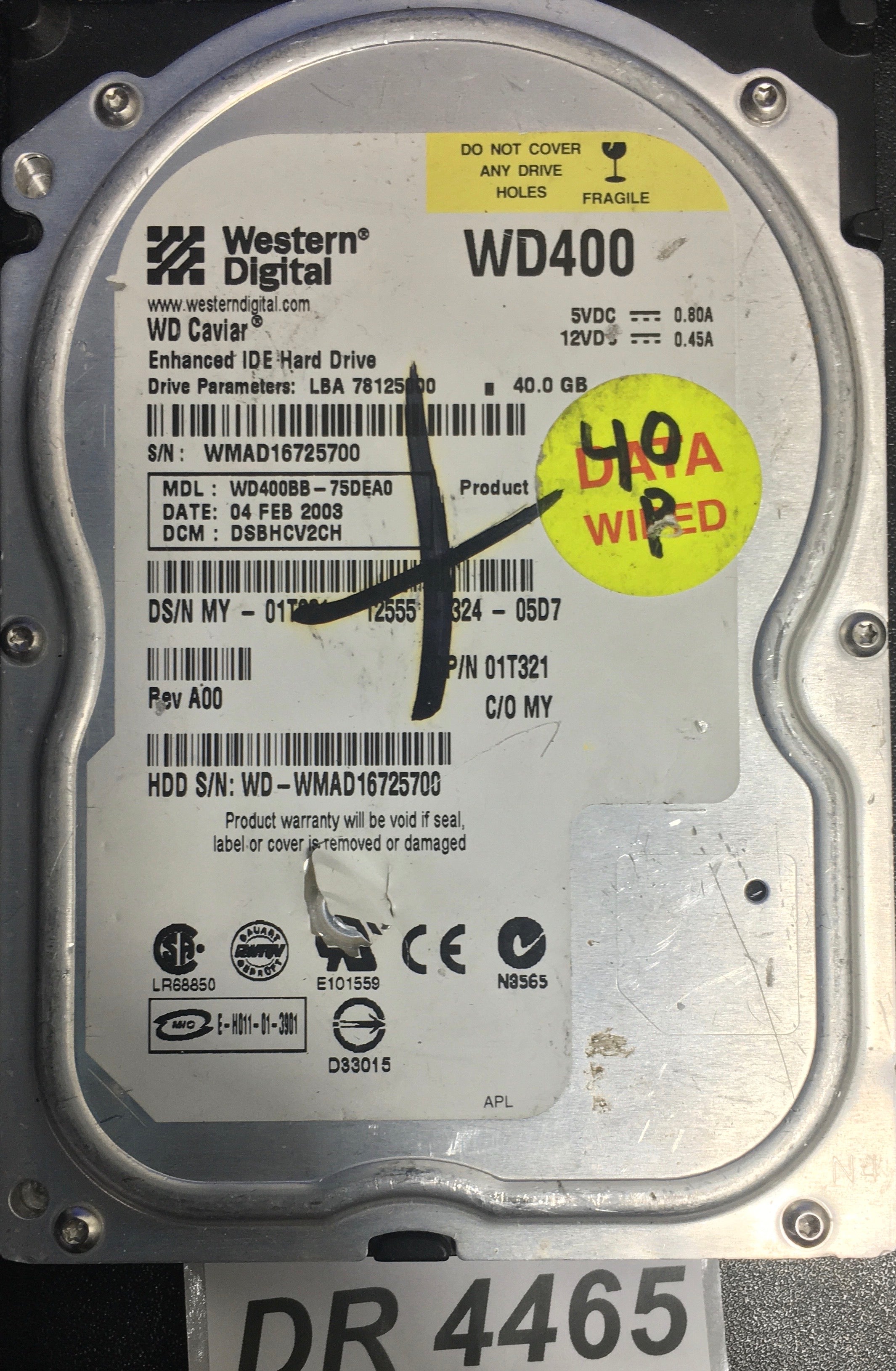 WD400BB-75DEA0  P/N:01T321  Serial:WMAD16725700  40GB 3.5  PCB: 2060-001129-001 REV A