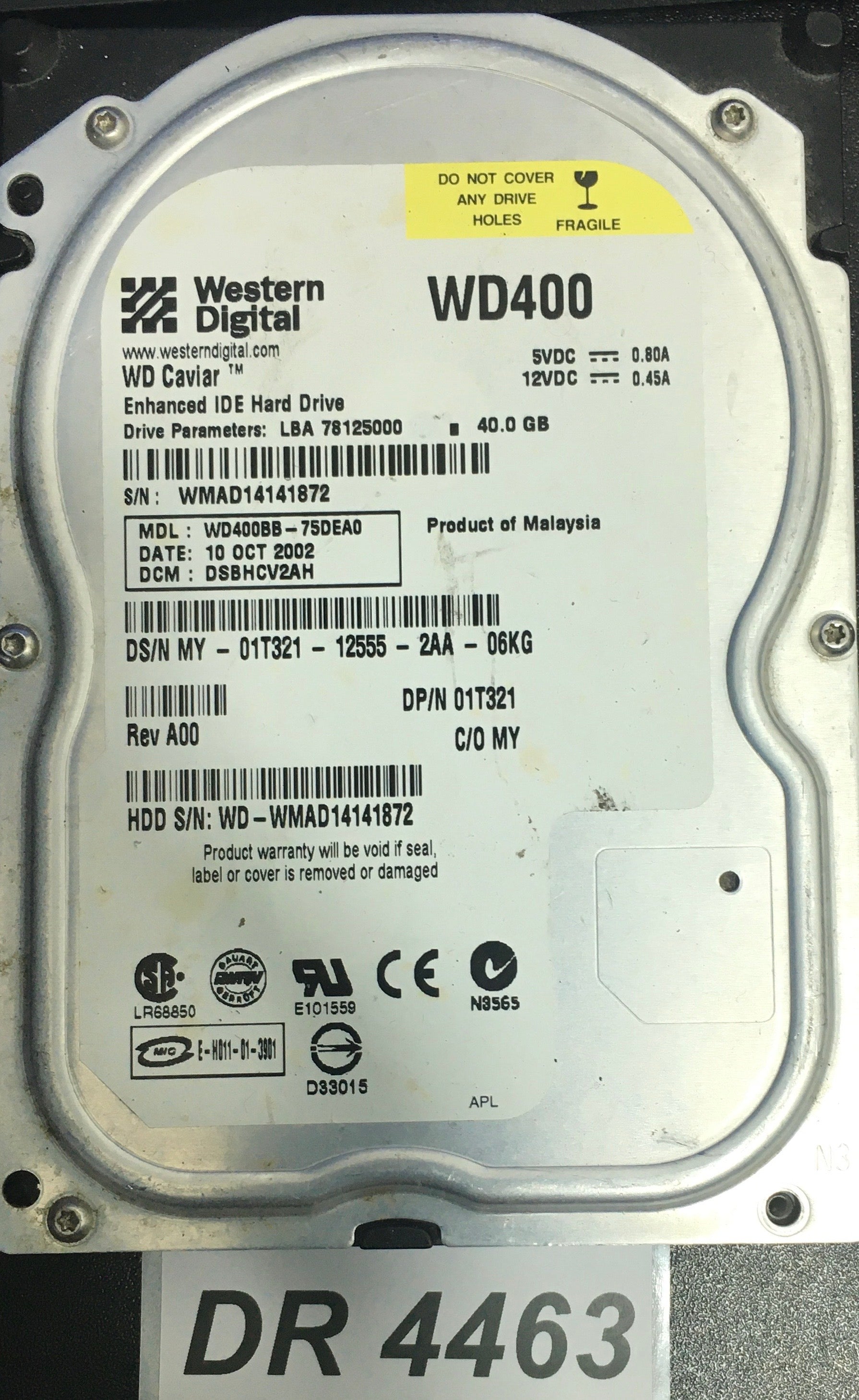 WD400BB-75DEA0    Serial: WMAD14141872  40GB 3.5  PCB: 2060-001129-001 REV A