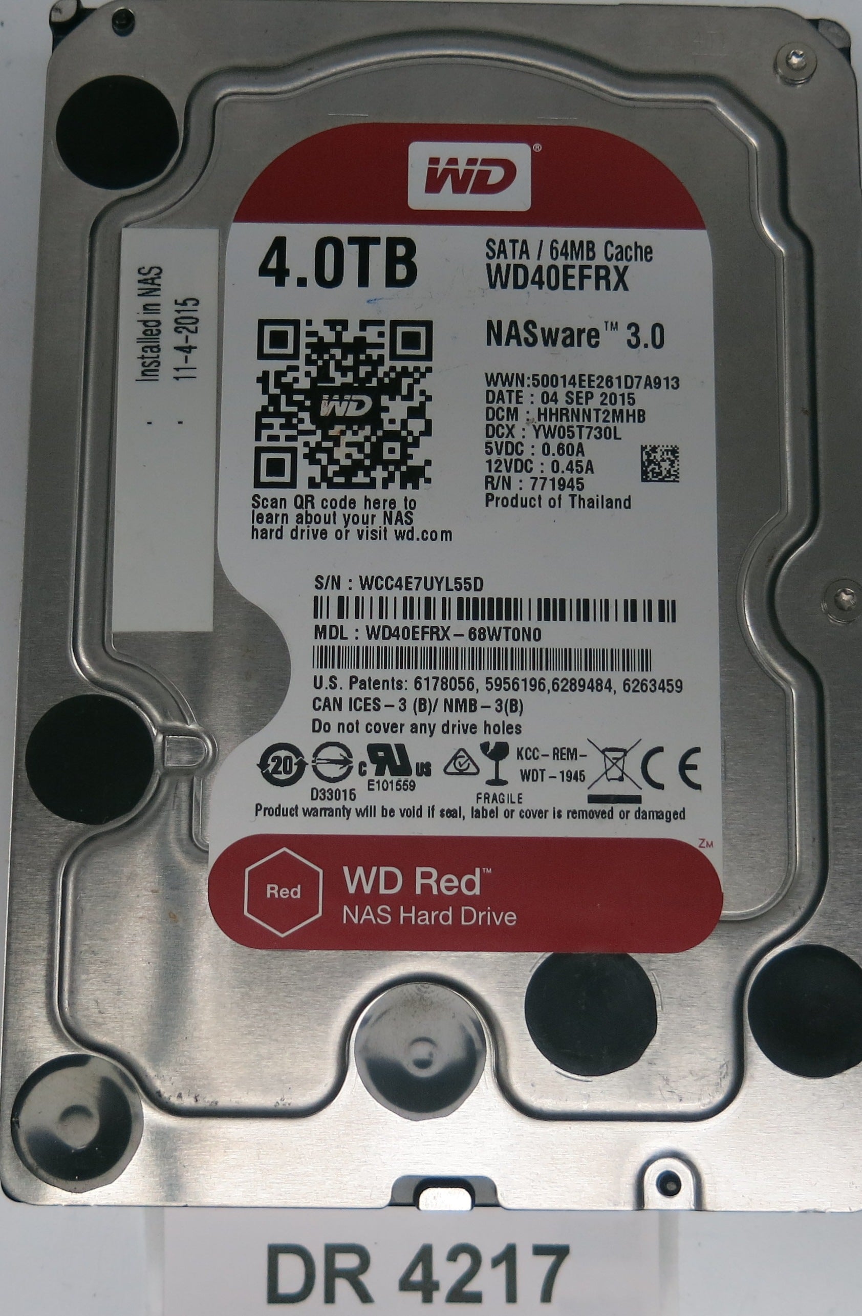 WD40EFRX-68WT0N0,  DCM: HHRNNT2MHB,  Serial: WCC4E7UYL55D,  4.0TB 3.5,  PCB 2060-771945-002 REV A