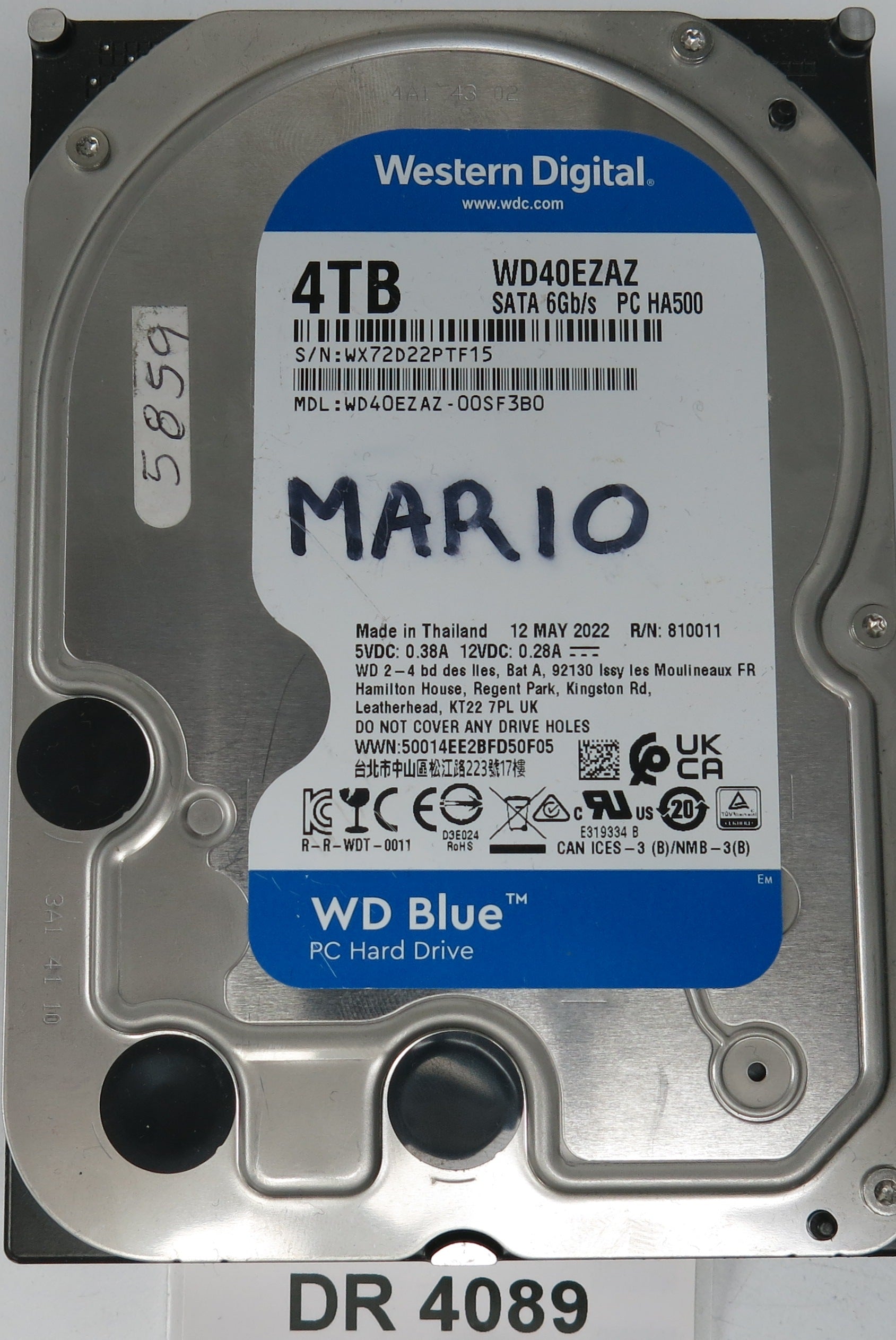 WD40EZAZ-00SF3B0,  Serial: WX72D22PTF15,  4TB 3.5,  PCB 2060-810011-001 REV P1