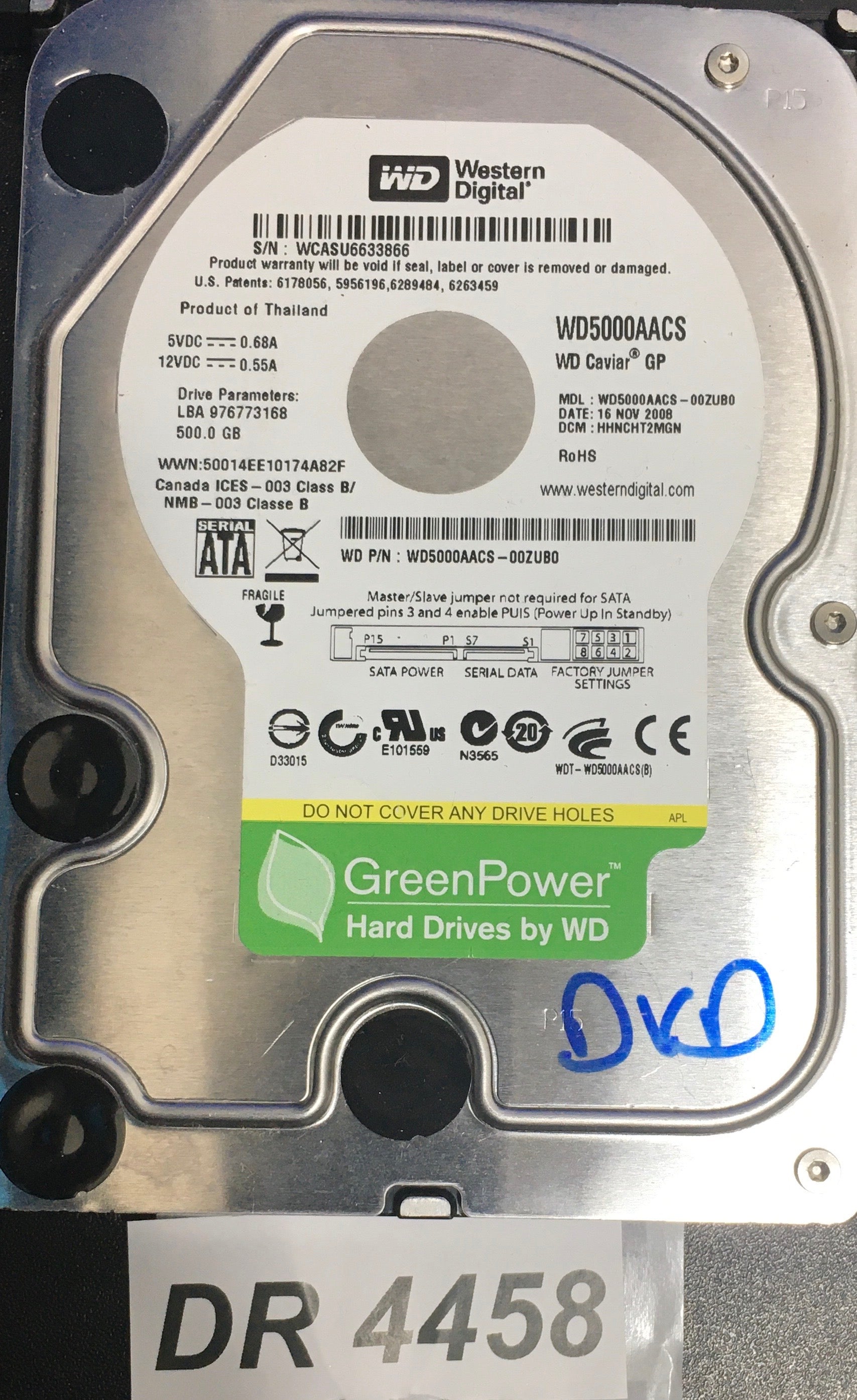 WD5000AACS-00ZUB0  Serial: WCASU6633866  500GB 3.5  PCB: 2060-701444-004 REV A