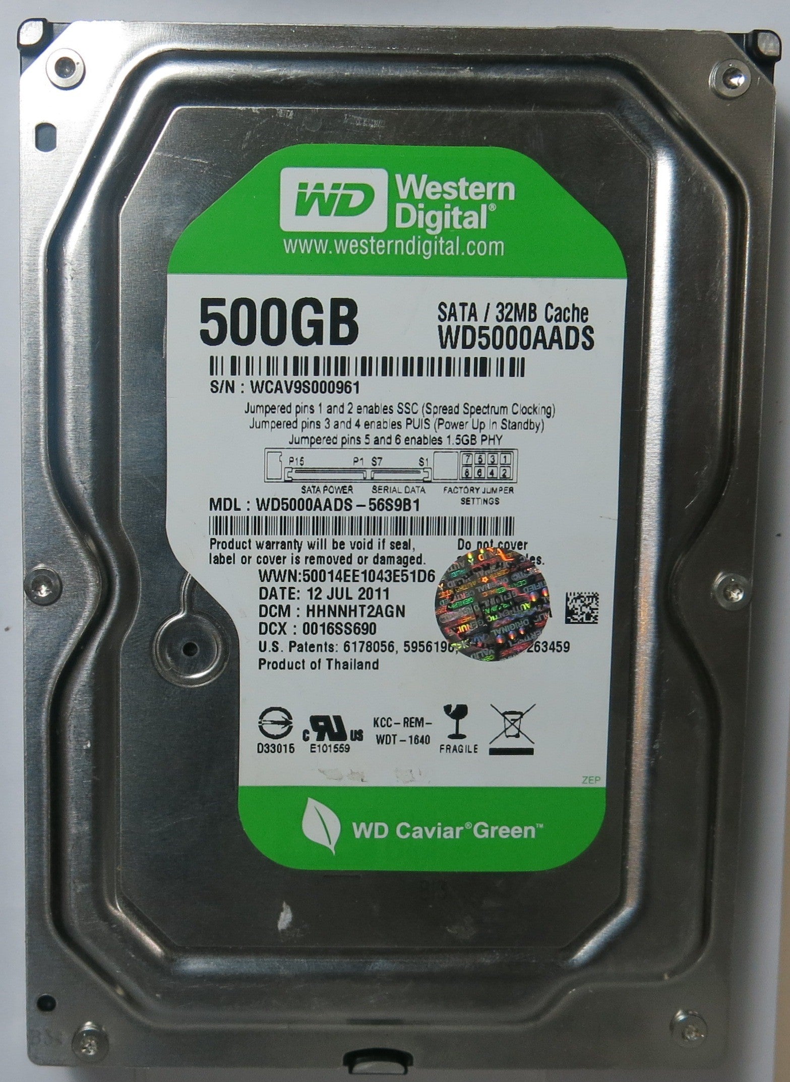 WD5000AADS-56S9B1 PCB: 2060-771640-003 REV A SERIAL NUMBER: WCAV9S000961 DCM HHNNHT2AGN 500GB
