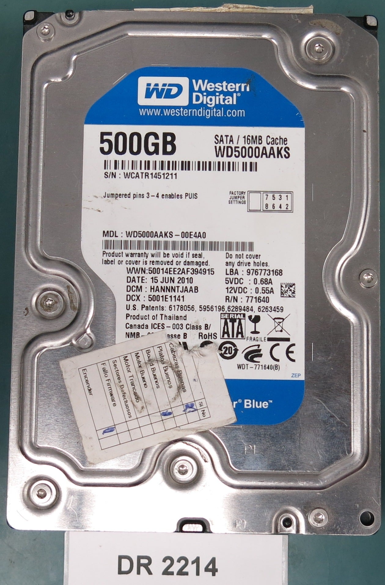 WD5000AAKS-00E4A0,  500GB 3.5,  PCB 2060-771640-002 REV P2,  Serial Number: WCATR1451211