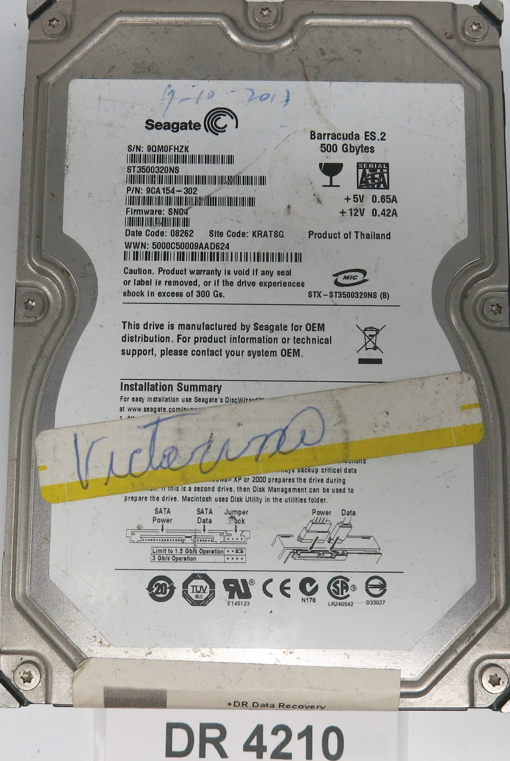 ST3500320NS,  P/N:9CA154-302,  FW:SN04,  Serial:9QM0FHZZK,  500GB 3.5,  PCB:100475720- REV A