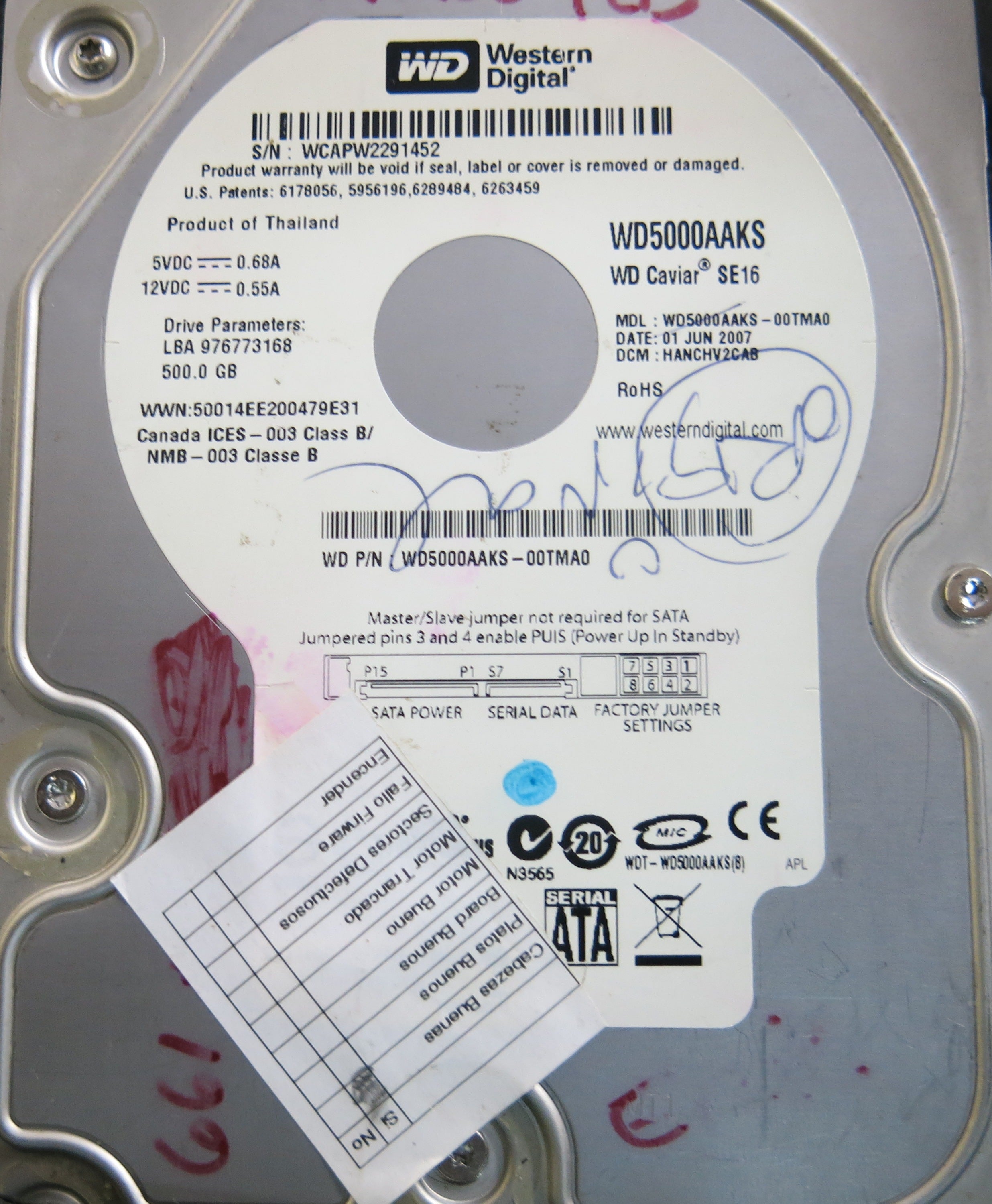 WD5000AAKS-00TMA0 PCB: 2060-701477-002 Serial Number : WCAPW2291452 500GB